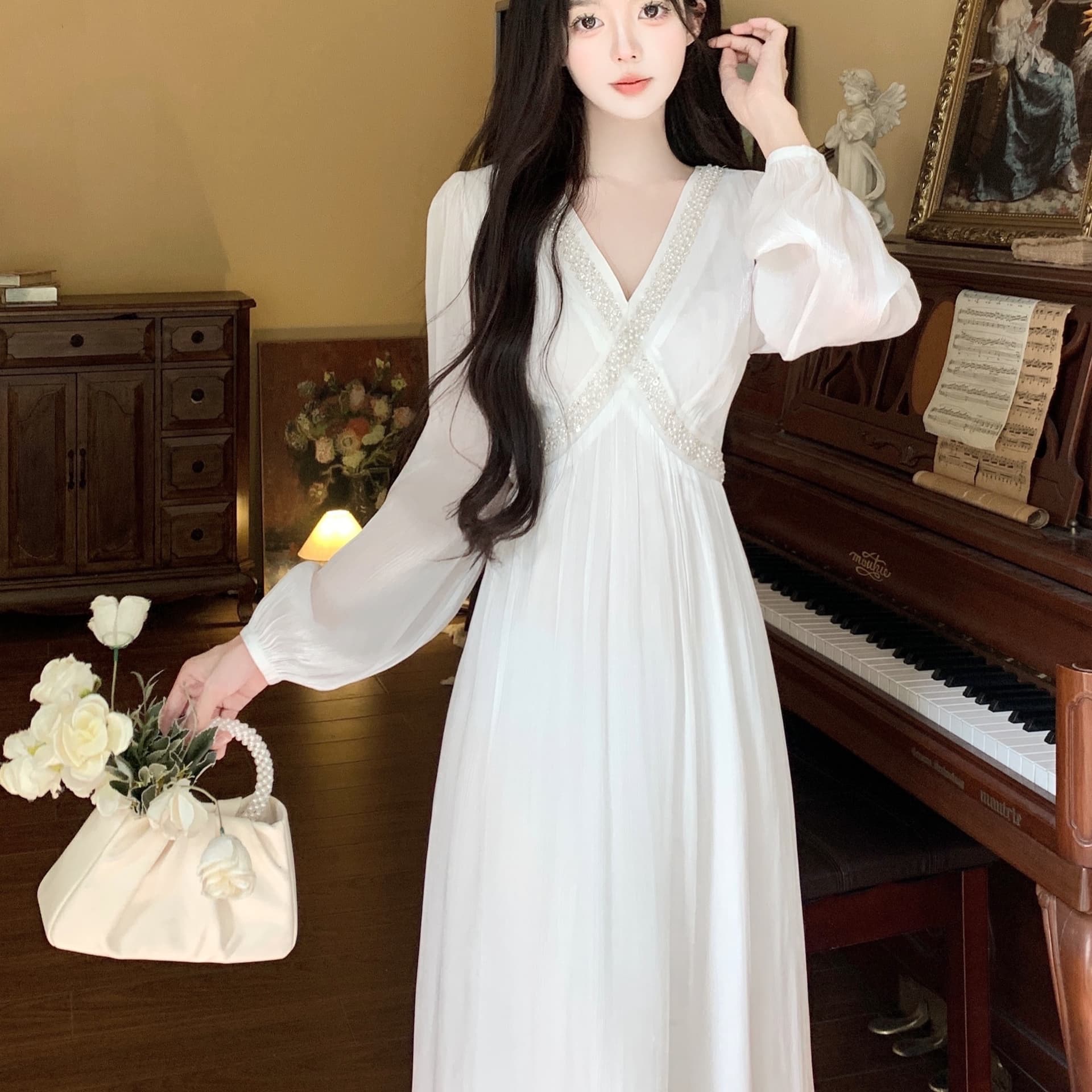 실사 프랑스식 부드러운 바람 긴팔 V넥 꽃무늬 드레스 가을 겨울철 새로운 고급 센스 품격 롱 스커트 이미지 6