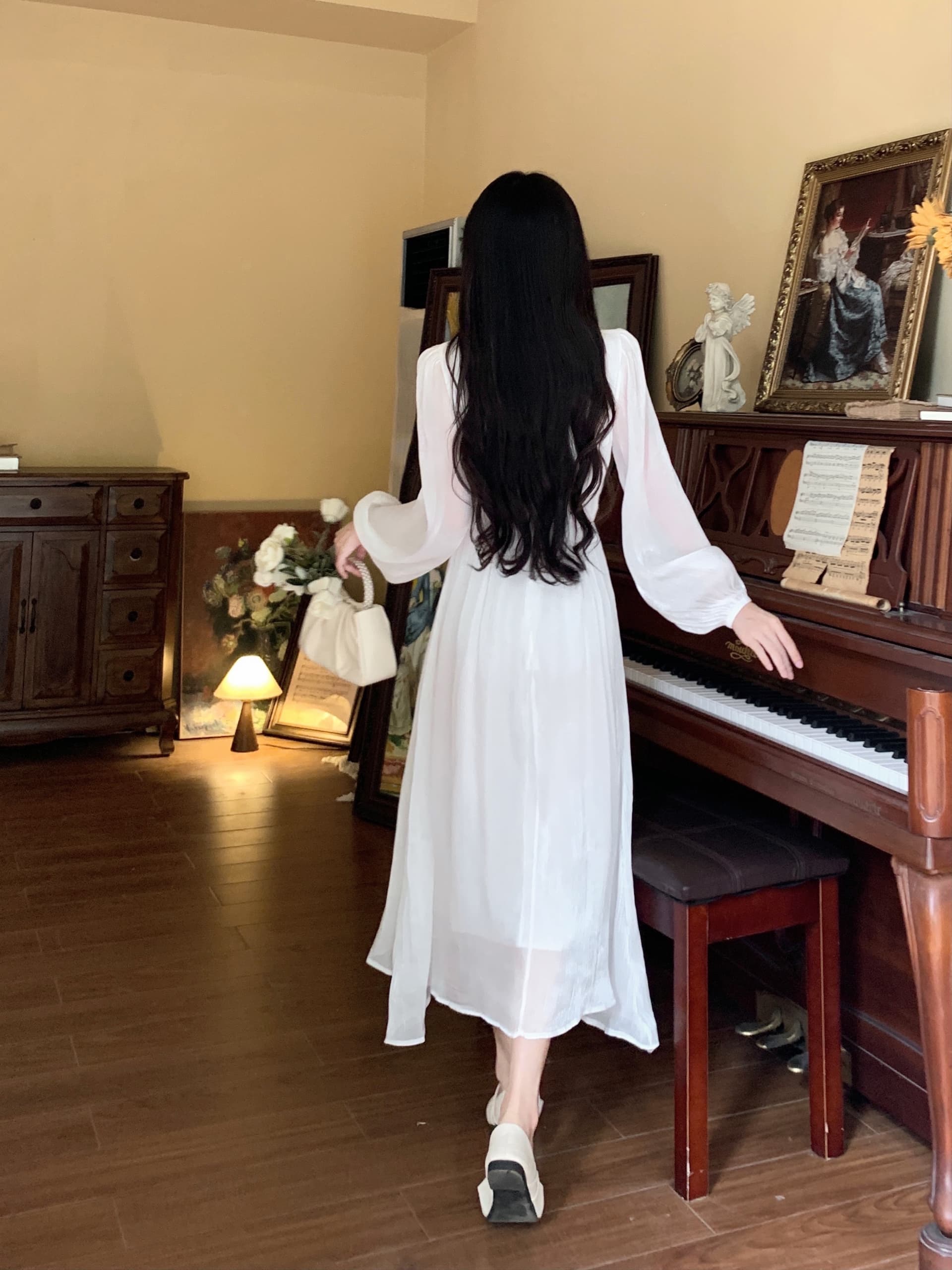 실사 프랑스식 부드러운 바람 긴팔 V넥 꽃무늬 드레스 가을 겨울철 새로운 고급 센스 품격 롱 스커트 상세 이미지 10