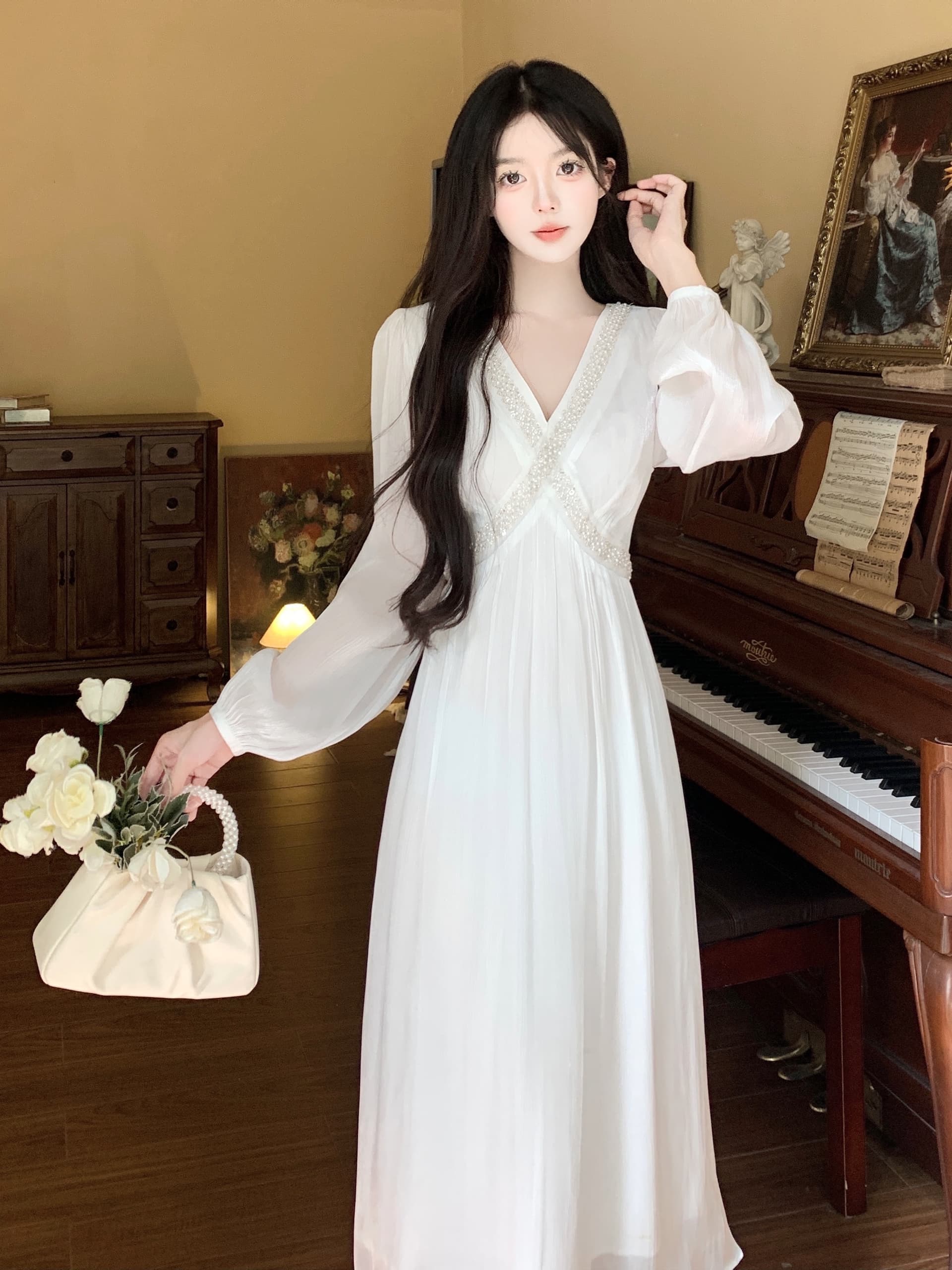 실사 프랑스식 부드러운 바람 긴팔 V넥 꽃무늬 드레스 가을 겨울철 새로운 고급 센스 품격 롱 스커트 상세 이미지 11