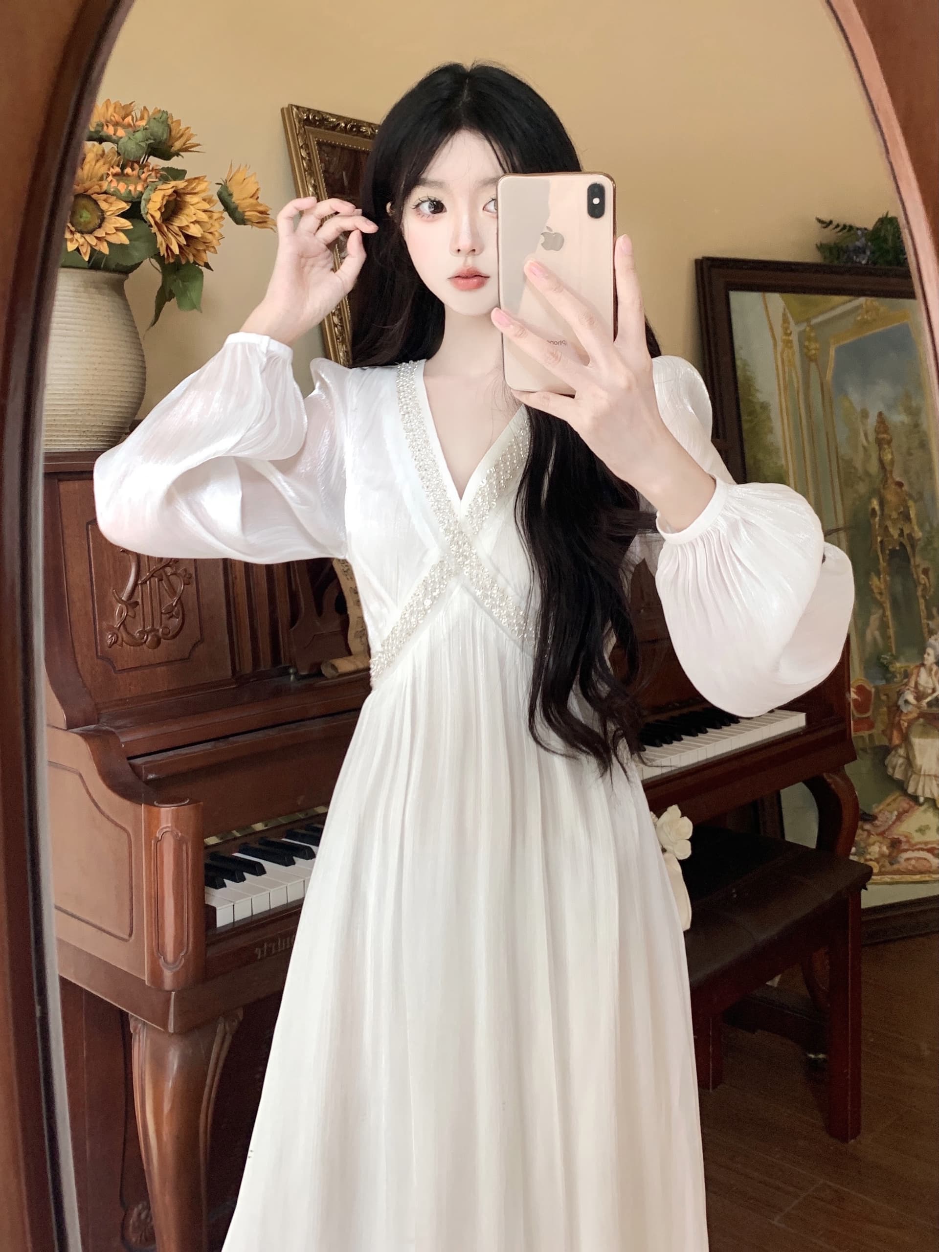 실사 프랑스식 부드러운 바람 긴팔 V넥 꽃무늬 드레스 가을 겨울철 새로운 고급 센스 품격 롱 스커트 상세 이미지 13