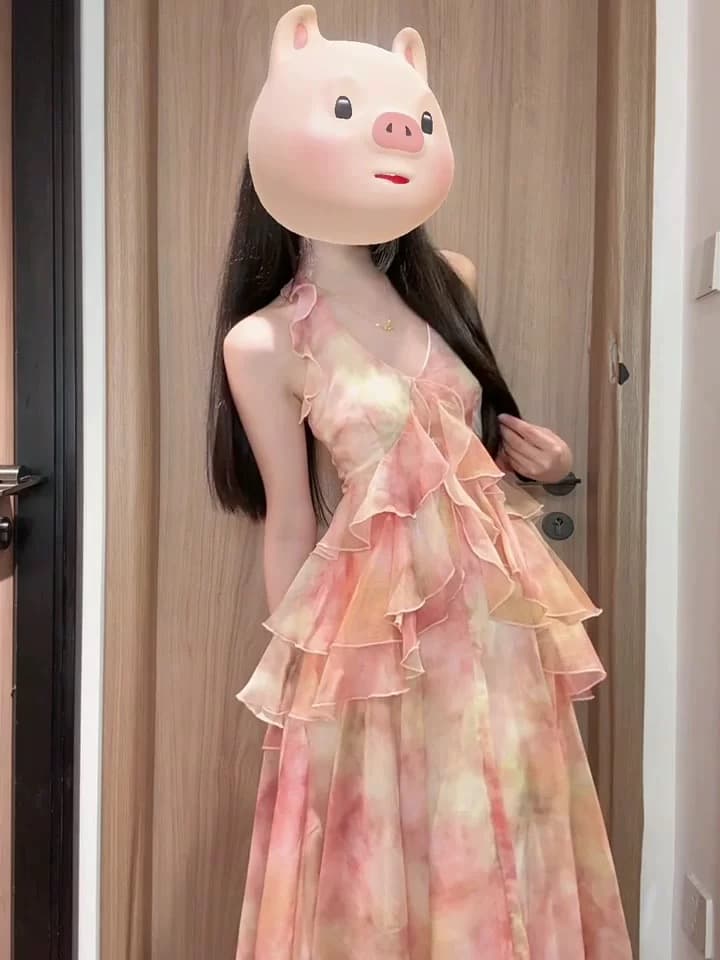 낭만주의 휴가 쉬폰 롱 스커트 여름 해변가 휴가 바람 행침 목 프릴 하이웨이스트 슬림해 보이는 점프 슈트 치마 이미지 2