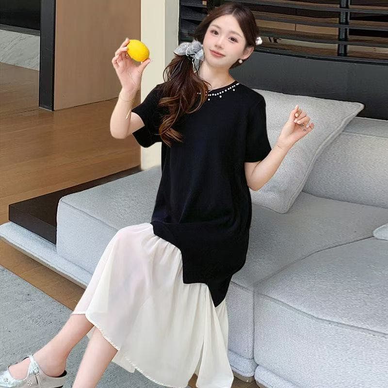2026 빅 사이즈 여성 의류 여름 새로운 패션 디자인 센스 패치워크 페이크 레이어드 고급 센스 반팔 니트 드레스 상세 이미지 2