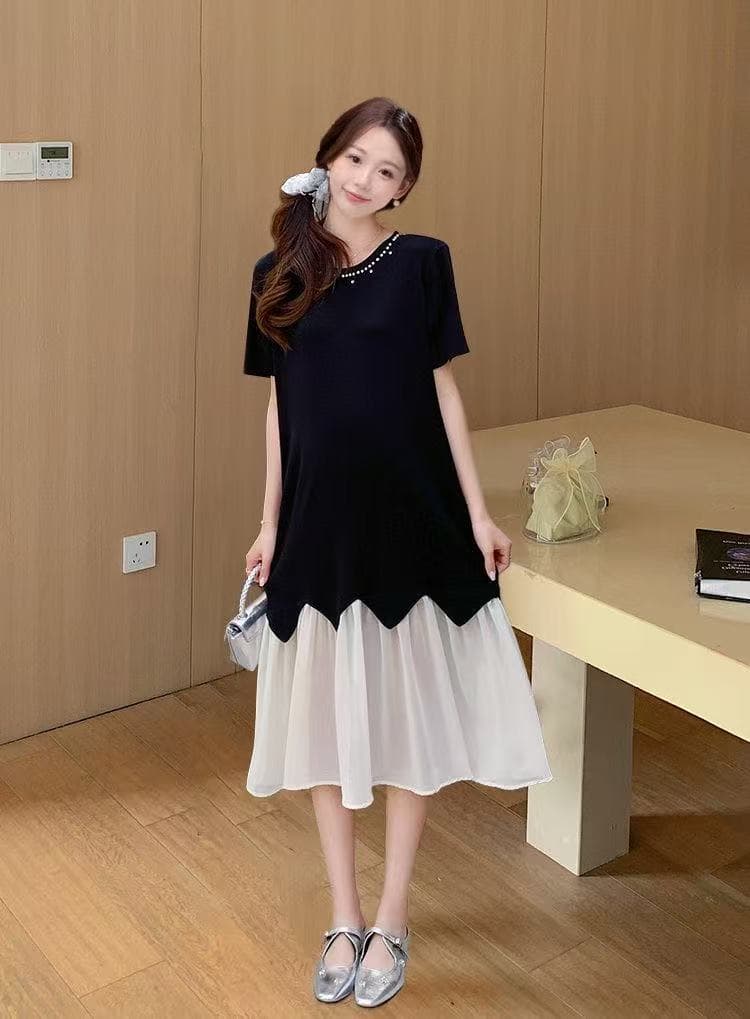 2026 빅 사이즈 여성 의류 여름 새로운 패션 디자인 센스 패치워크 페이크 레이어드 고급 센스 반팔 니트 드레스 상세 이미지 7