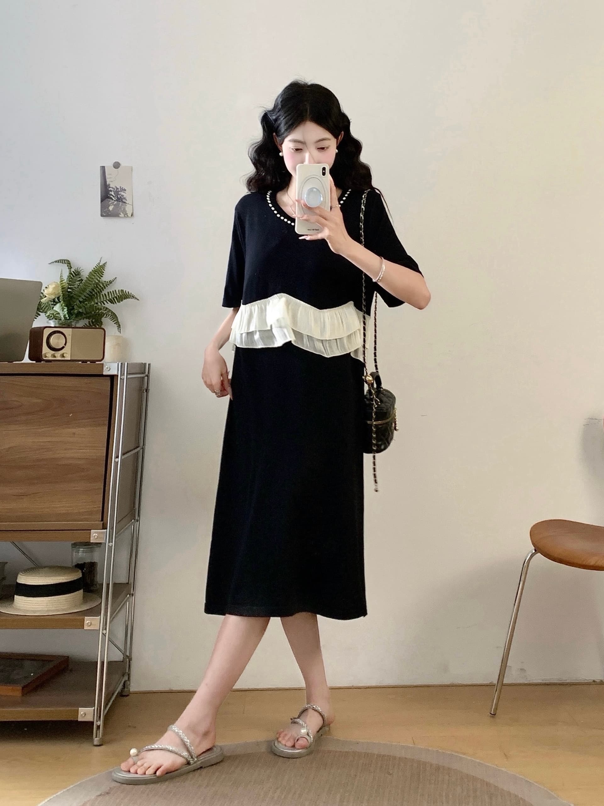 실사 프랑스식 부드러운 바람 프릴 패치워크 드레스 여름 여성 새로운 수 있습니다. 소금 수 있습니다. 달콤한 슬림해 보이는 드레스 이미지 3