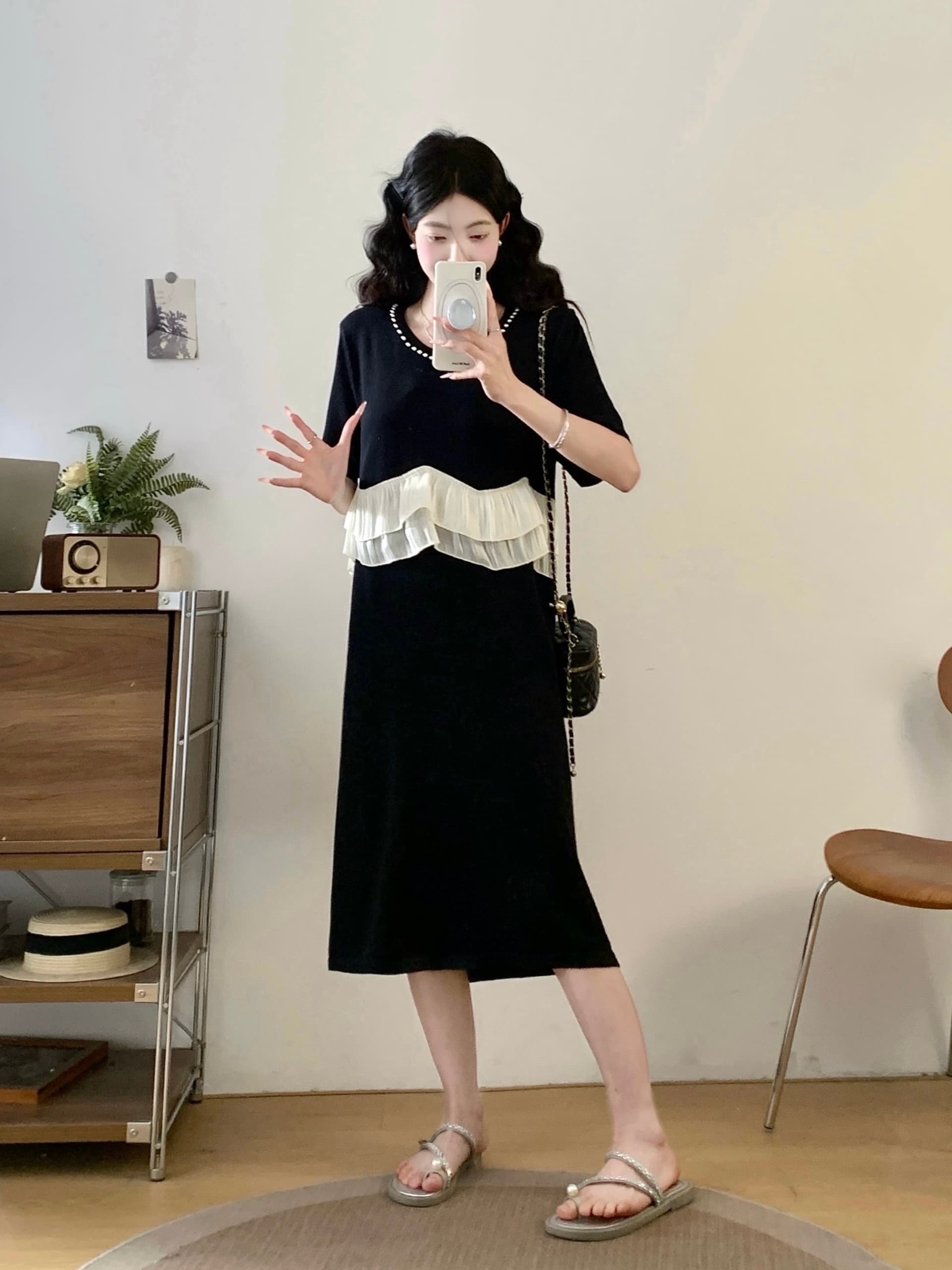 실사 프랑스식 부드러운 바람 프릴 패치워크 드레스 여름 여성 새로운 수 있습니다. 소금 수 있습니다. 달콤한 슬림해 보이는 드레스 상세 이미지 3