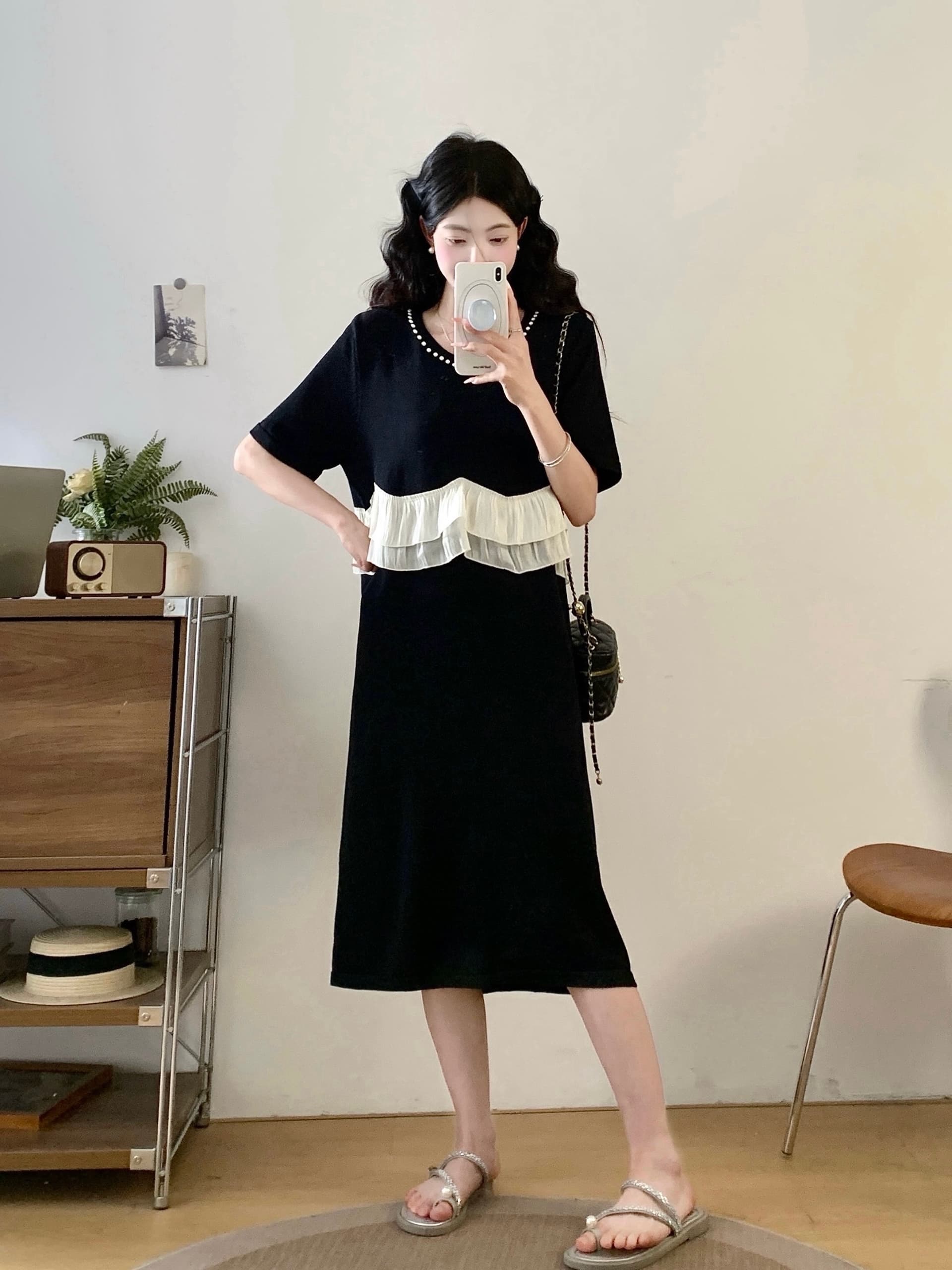 실사 프랑스식 부드러운 바람 프릴 패치워크 드레스 여름 여성 새로운 수 있습니다. 소금 수 있습니다. 달콤한 슬림해 보이는 드레스 상세 이미지 4