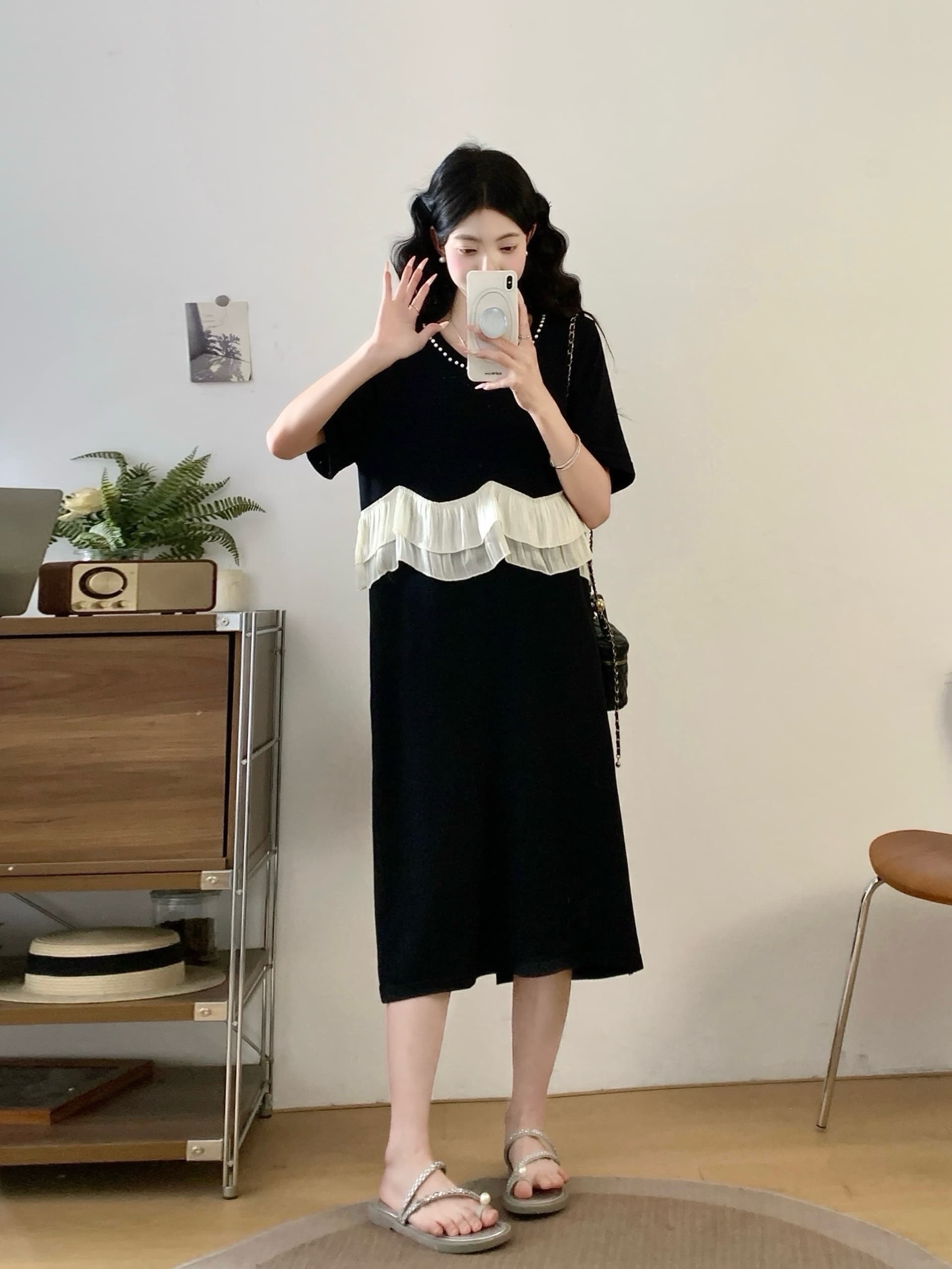 실사 프랑스식 부드러운 바람 프릴 패치워크 드레스 여름 여성 새로운 수 있습니다. 소금 수 있습니다. 달콤한 슬림해 보이는 드레스 상세 이미지 6