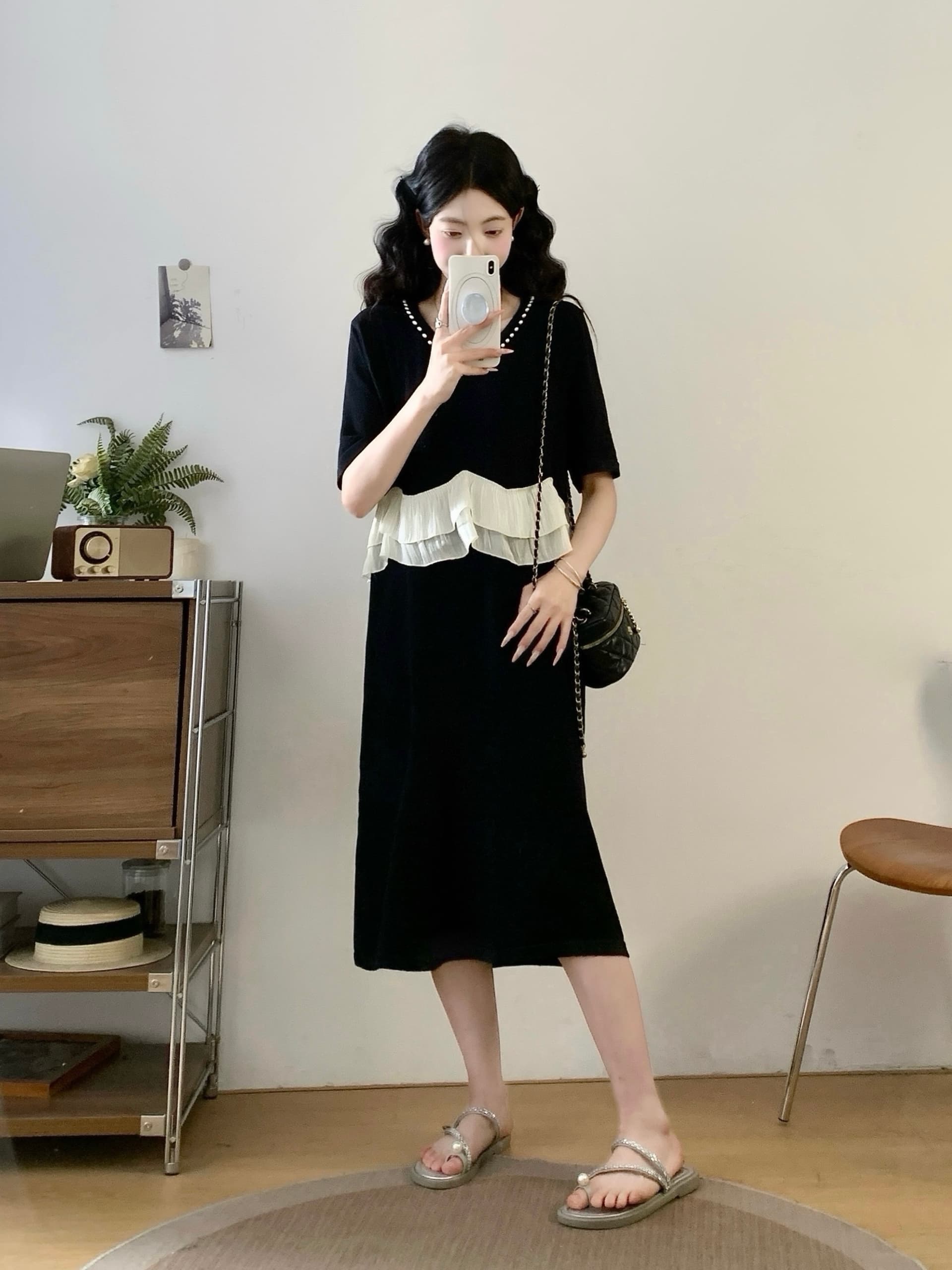 실사 프랑스식 부드러운 바람 프릴 패치워크 드레스 여름 여성 새로운 수 있습니다. 소금 수 있습니다. 달콤한 슬림해 보이는 드레스 상세 이미지 7