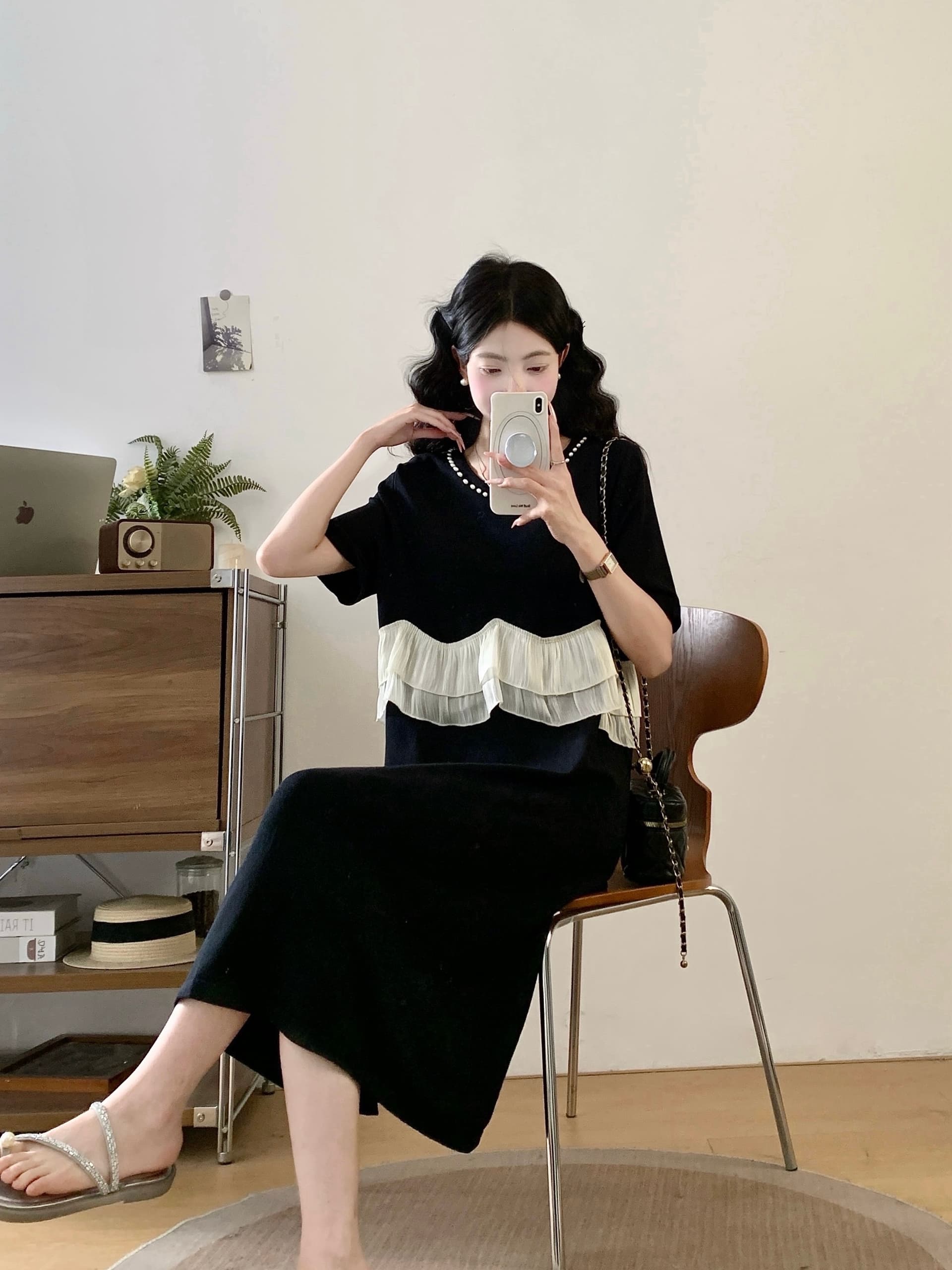 실사 프랑스식 부드러운 바람 프릴 패치워크 드레스 여름 여성 새로운 수 있습니다. 소금 수 있습니다. 달콤한 슬림해 보이는 드레스 상세 이미지 10