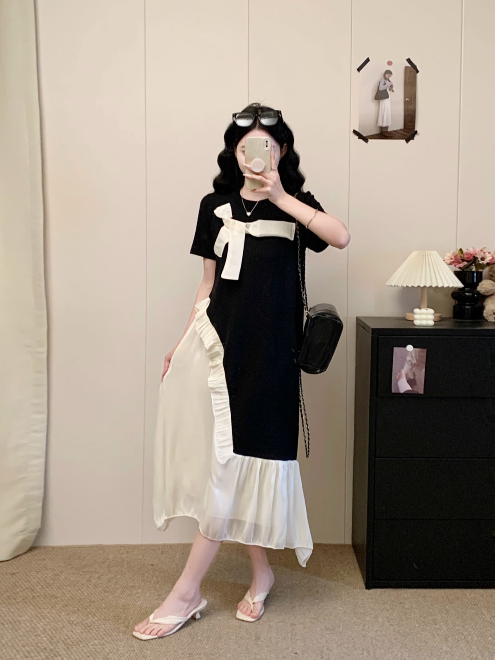 슈퍼 잘 생긴 디자인 연령 감소 나비 매듭 페이크 레이어드 여성 드레스 2026 여름 새로운 배색 레이스 패치워크 롱 스커트 이미지 4
