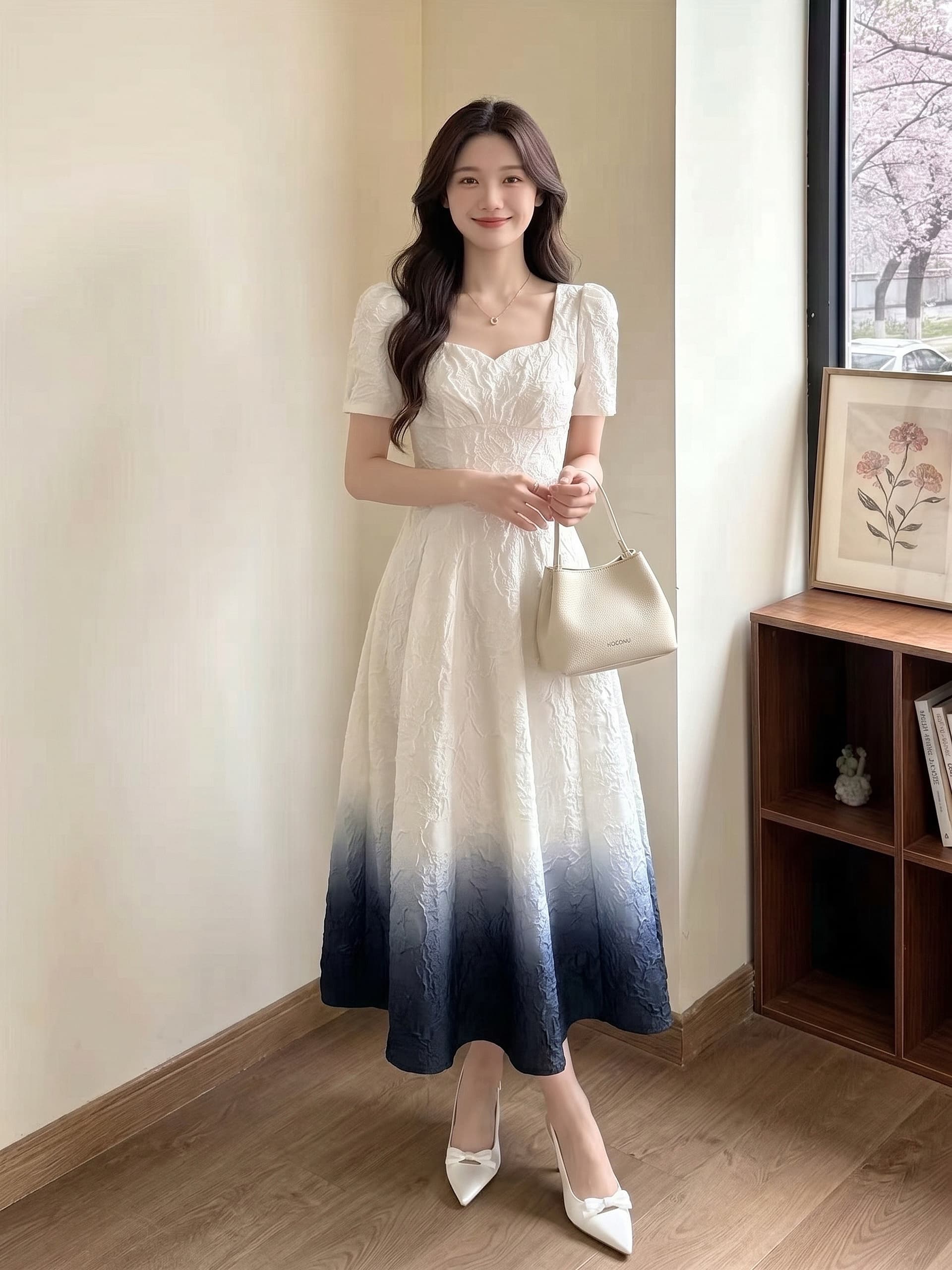 실사 광장 칼라 여성 드레스 2026 여름 새로운 고급 센스 슬림해 보이는 품격 출퇴근 그라데이션 색상 길다 치마 상세 이미지 11