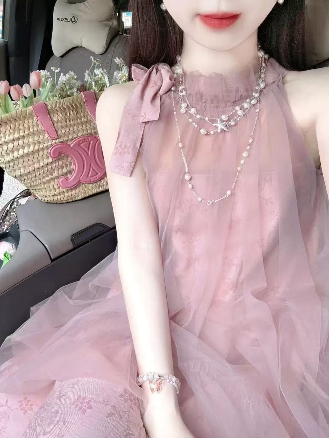 차 휴식 프랑스식 부드러운 바람 핑크색 민소매 행침 목 드레스 Chic 아름다운 아침 로브 페이크 레이어드 순수한 욕망 요정 치마 상세 이미지 5