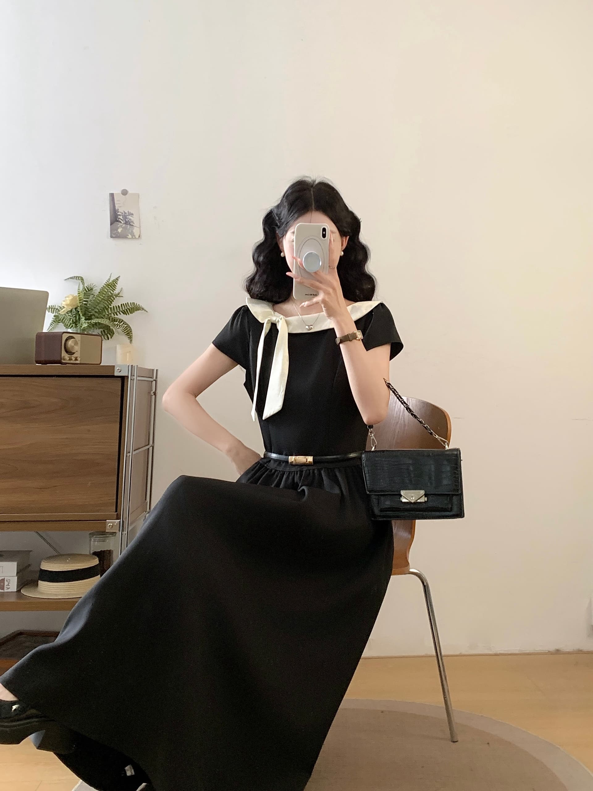 실사 프랑스식 레트로 그는 벤 바람 나비 매듭 반팔 여성 드레스 여름 우아함 품격 허리 수축 슬림해 보이는 롱 스커트 상세 이미지 2