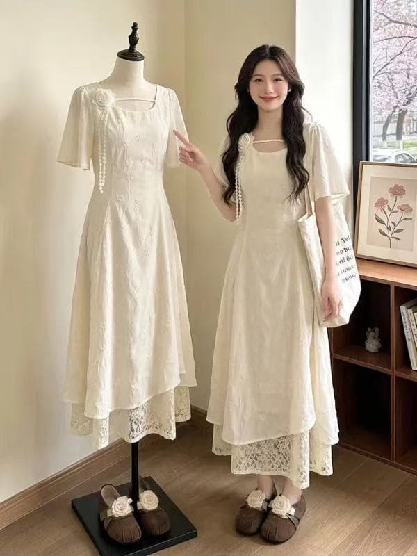 프랑스식 부드러운 바람 3 차원 꽃 광장 칼라 드레스 2026 새로운 데이트 살구 색상 여름 허리 수축 슬림해 보이는 치마 상세 이미지 2