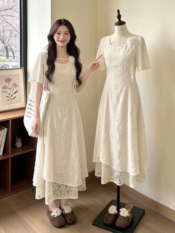 프랑스식 부드러운 바람 3 차원 꽃 광장 칼라 드레스 2026 새로운 데이트 살구 색상 여름 허리 수축 슬림해 보이는 치마 상세 이미지 3