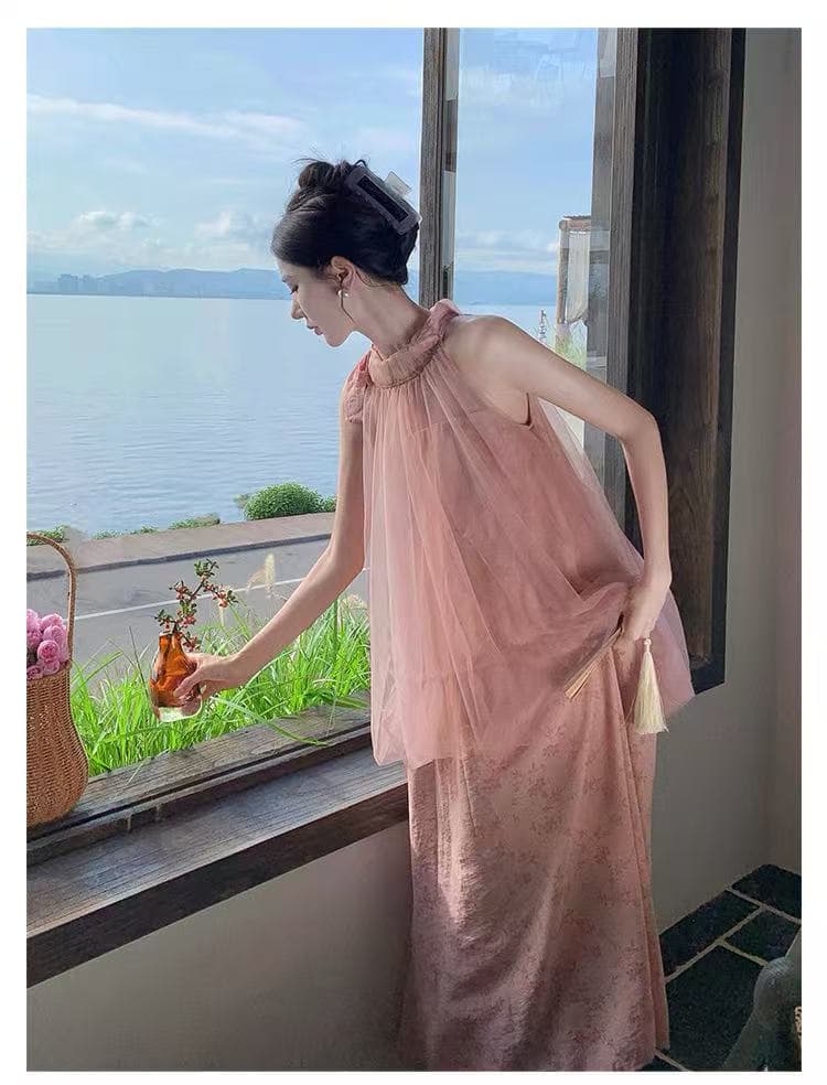 2026 라스베리 분말 자카드 망사 행침 목 페이크 레이어드 아침 로브 치마 요정 팬 해변 드레스 롱 스커트 우아한 상세 이미지 7