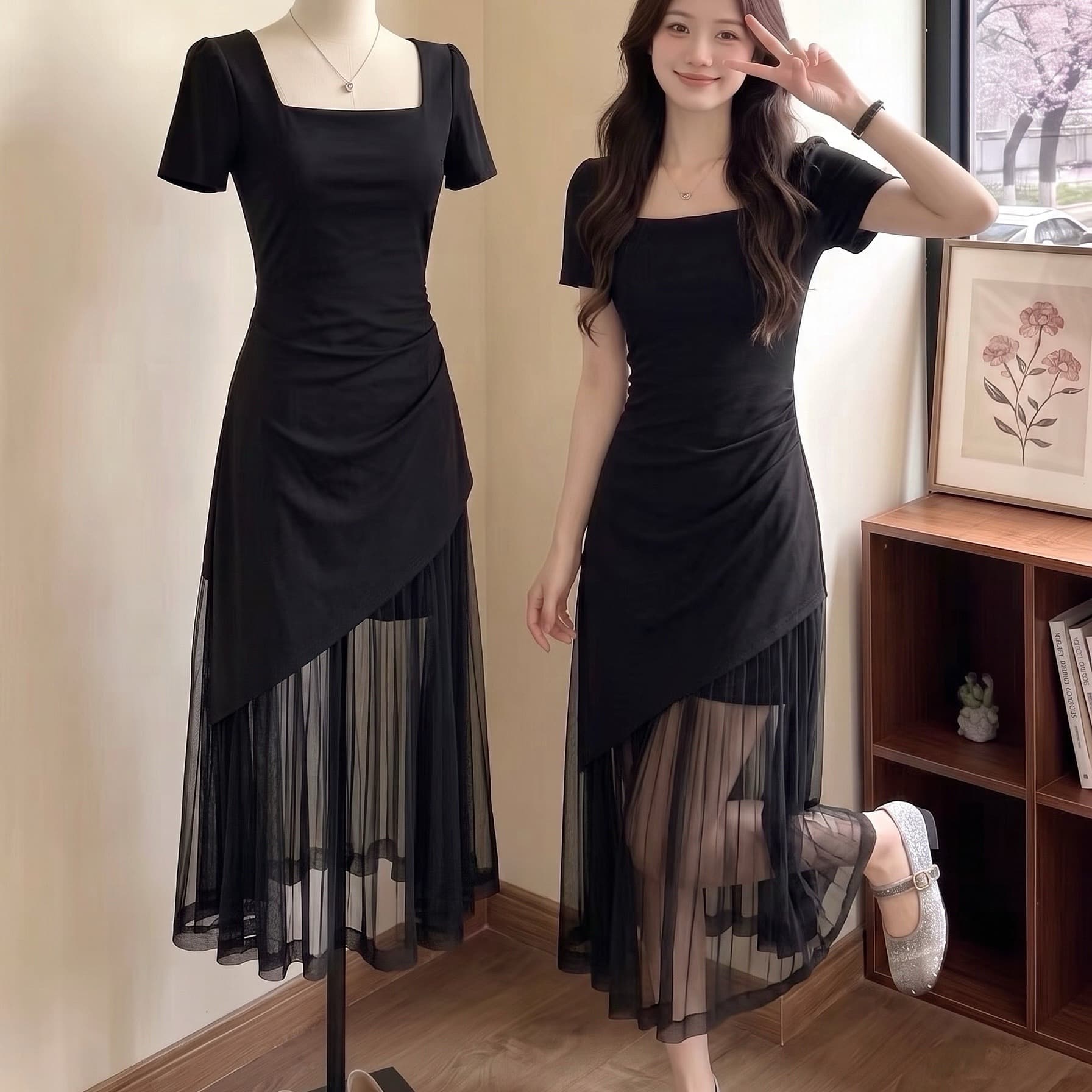 2026 새로운 프랑스식 광장 칼라 검정색 반팔 점프 슈트 치마 여성 의류 여름 특별 아름다운 꼬집기 허리 망사 롱 스커트 이미지 5