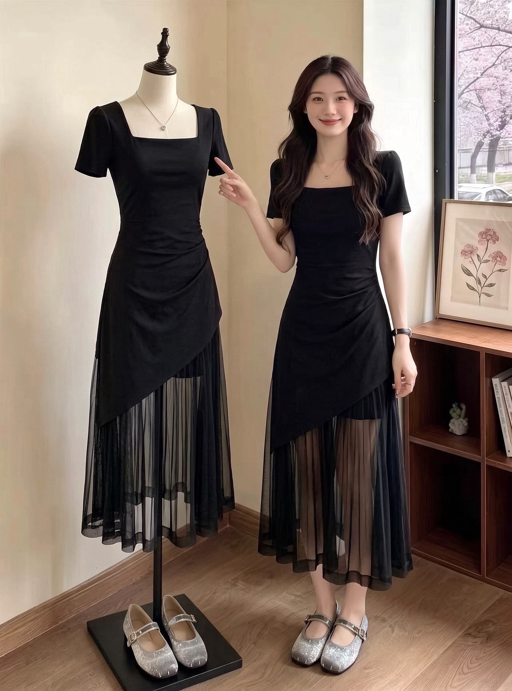 2026 새로운 프랑스식 광장 칼라 검정색 반팔 점프 슈트 치마 여성 의류 여름 특별 아름다운 꼬집기 허리 망사 롱 스커트 상세 이미지 1