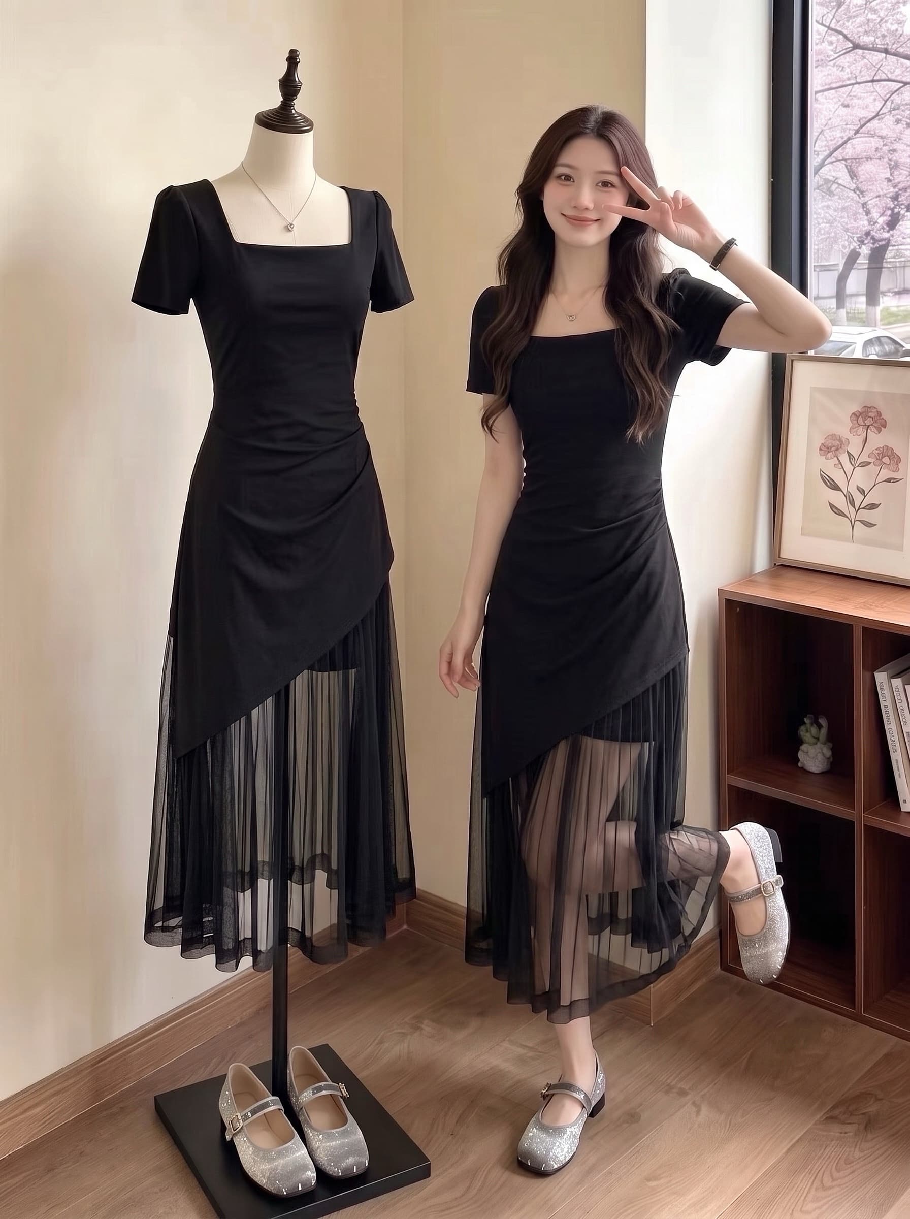 2026 새로운 프랑스식 광장 칼라 검정색 반팔 점프 슈트 치마 여성 의류 여름 특별 아름다운 꼬집기 허리 망사 롱 스커트 상세 이미지 5