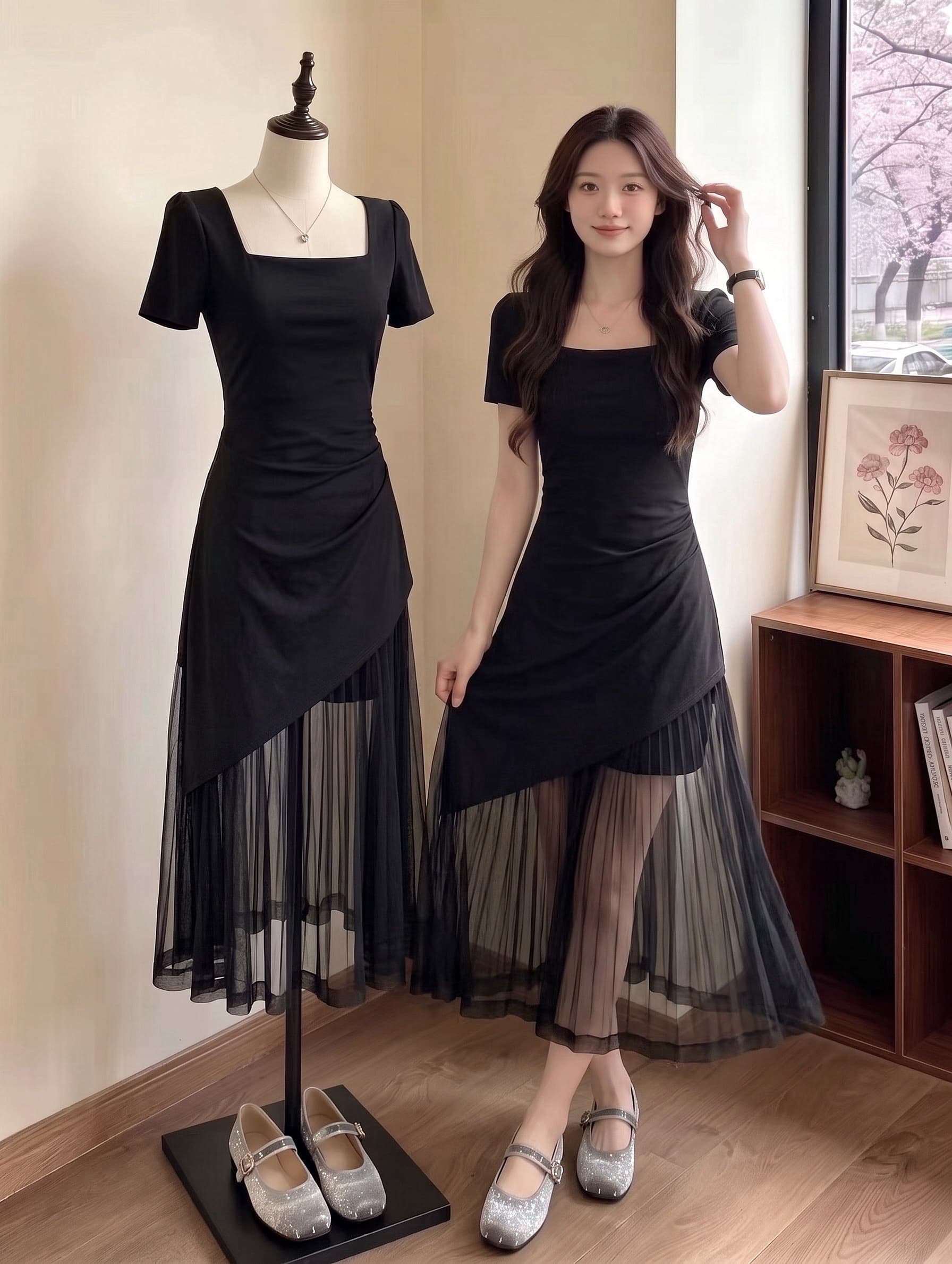 2026 새로운 프랑스식 광장 칼라 검정색 반팔 점프 슈트 치마 여성 의류 여름 특별 아름다운 꼬집기 허리 망사 롱 스커트 상세 이미지 6