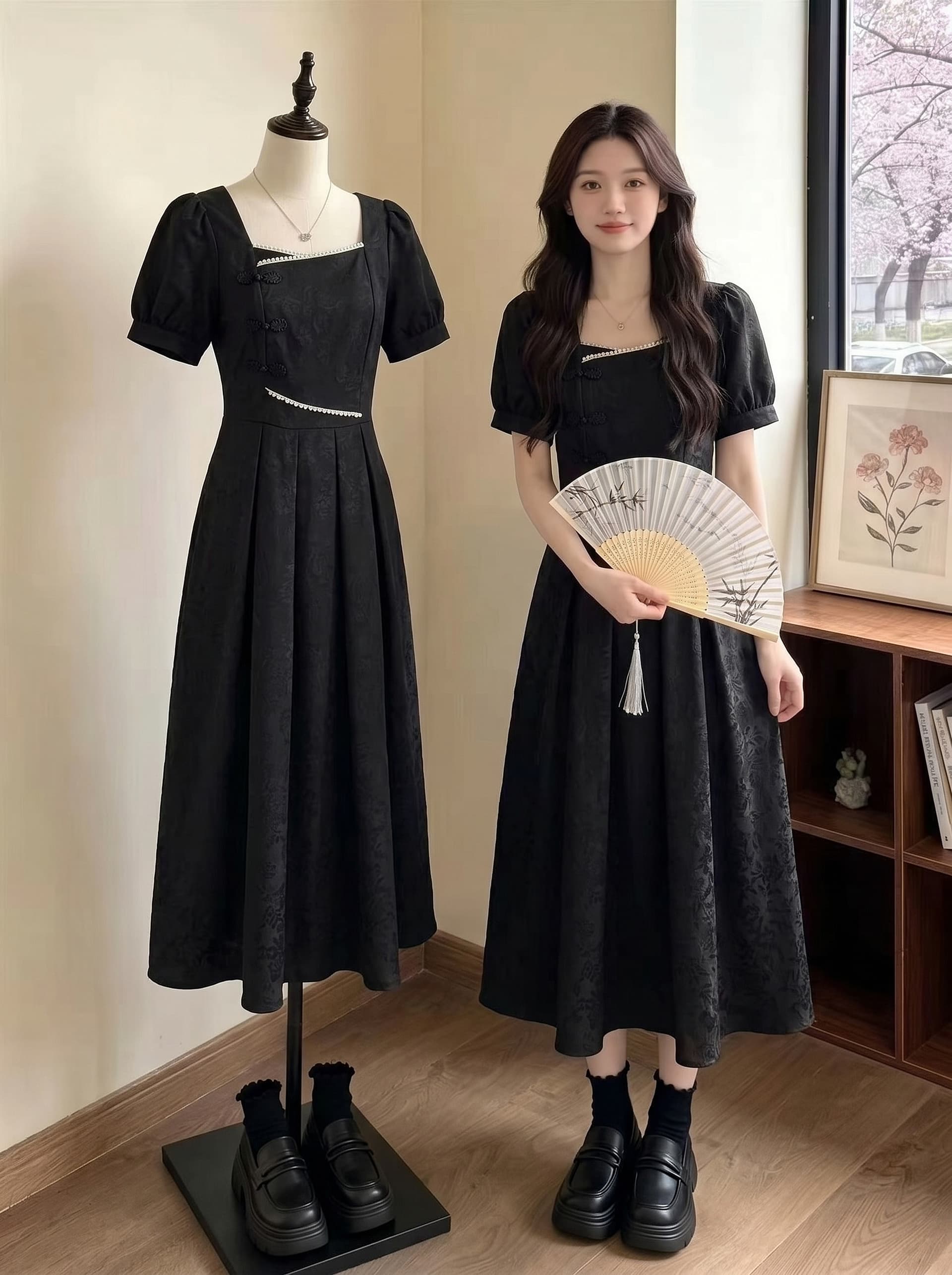 2026 실사 새로운 여름 새로운 중식 검정색 자수 고급 센스 프랑스식 광장 칼라 표지 고기 슬림해 보이는 여성 드레스 상세 이미지 1