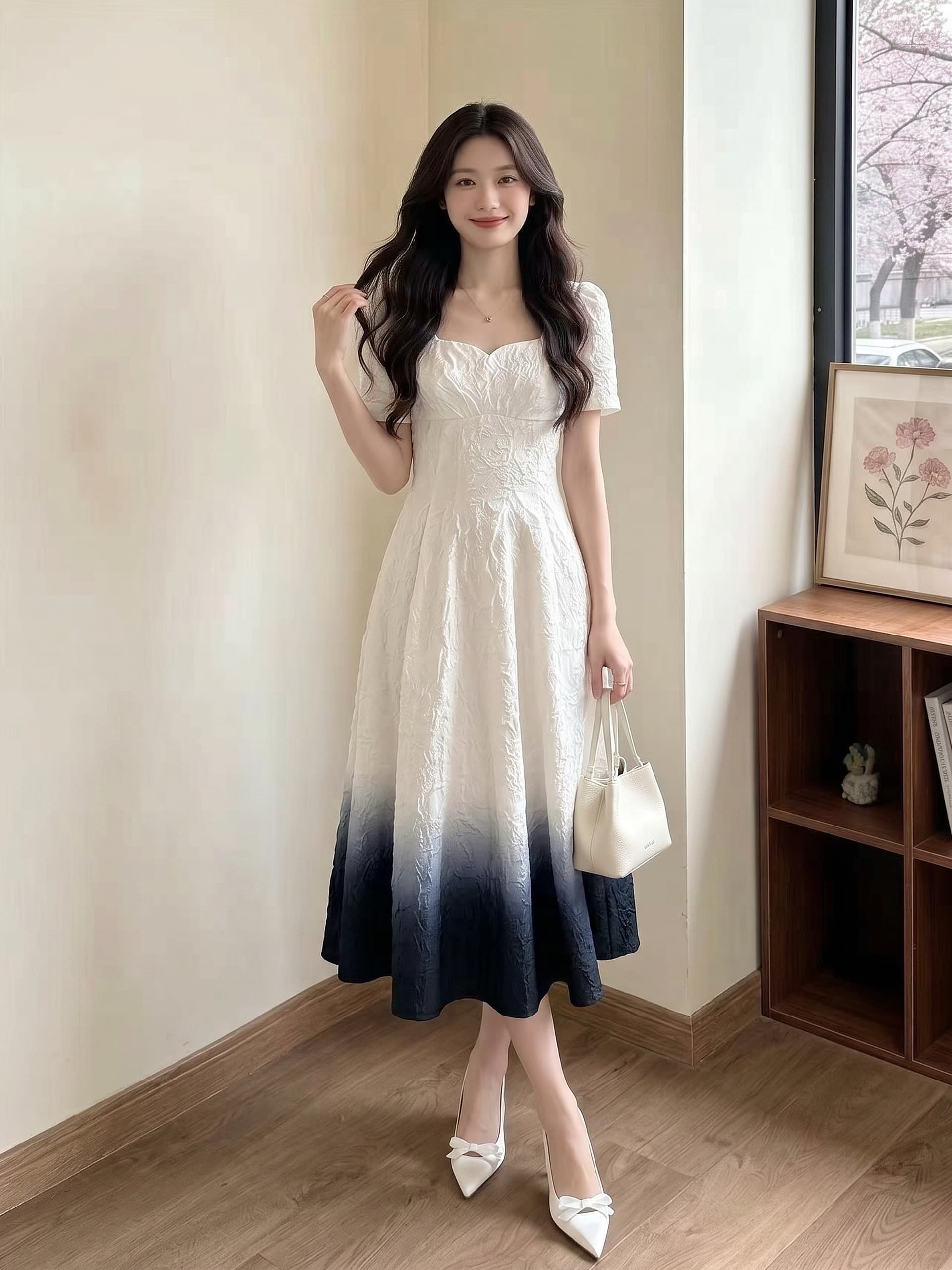 실사 광장 칼라 여성 드레스 2026 여름 새로운 고급 센스 슬림해 보이는 품격 출퇴근 그라데이션 색상 길다 치마 상세 이미지 8