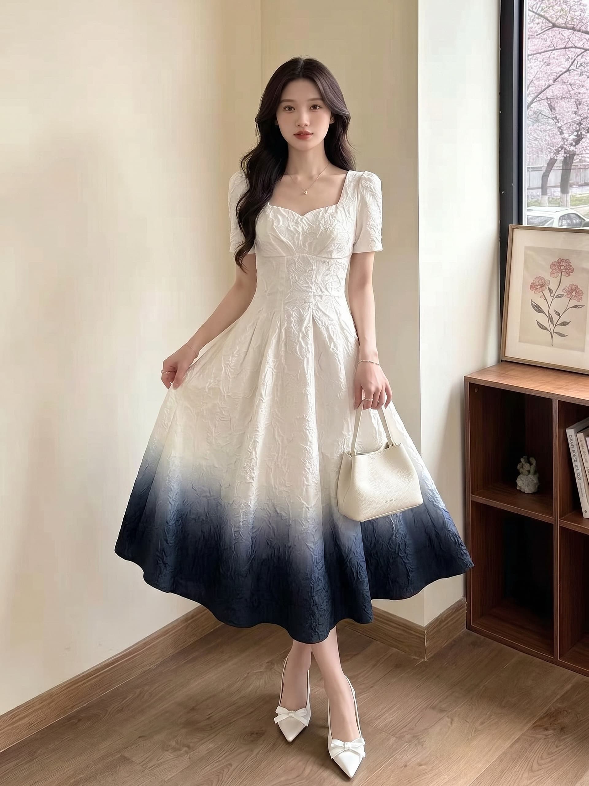 실사 광장 칼라 여성 드레스 2026 여름 새로운 고급 센스 슬림해 보이는 품격 출퇴근 그라데이션 색상 길다 치마 상세 이미지 9