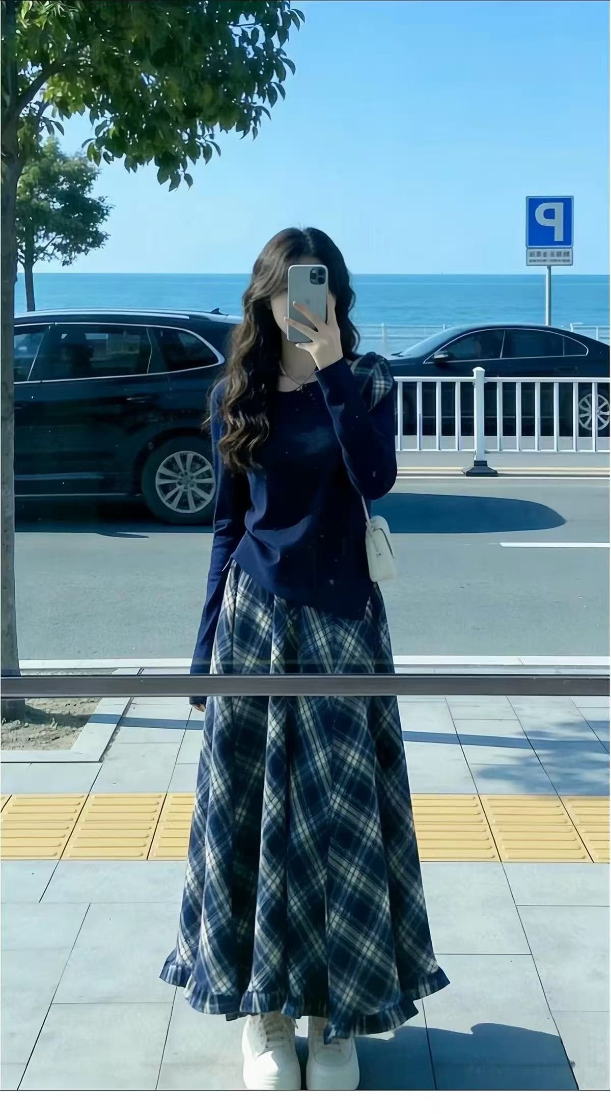 한 부서 그레이트 통해보기 가져 가라. 전체 집합 가을 겨울 2026 새로운 파란색 긴팔 여성 드레스 체크무늬 롱 스커트 세트 이미지 2
