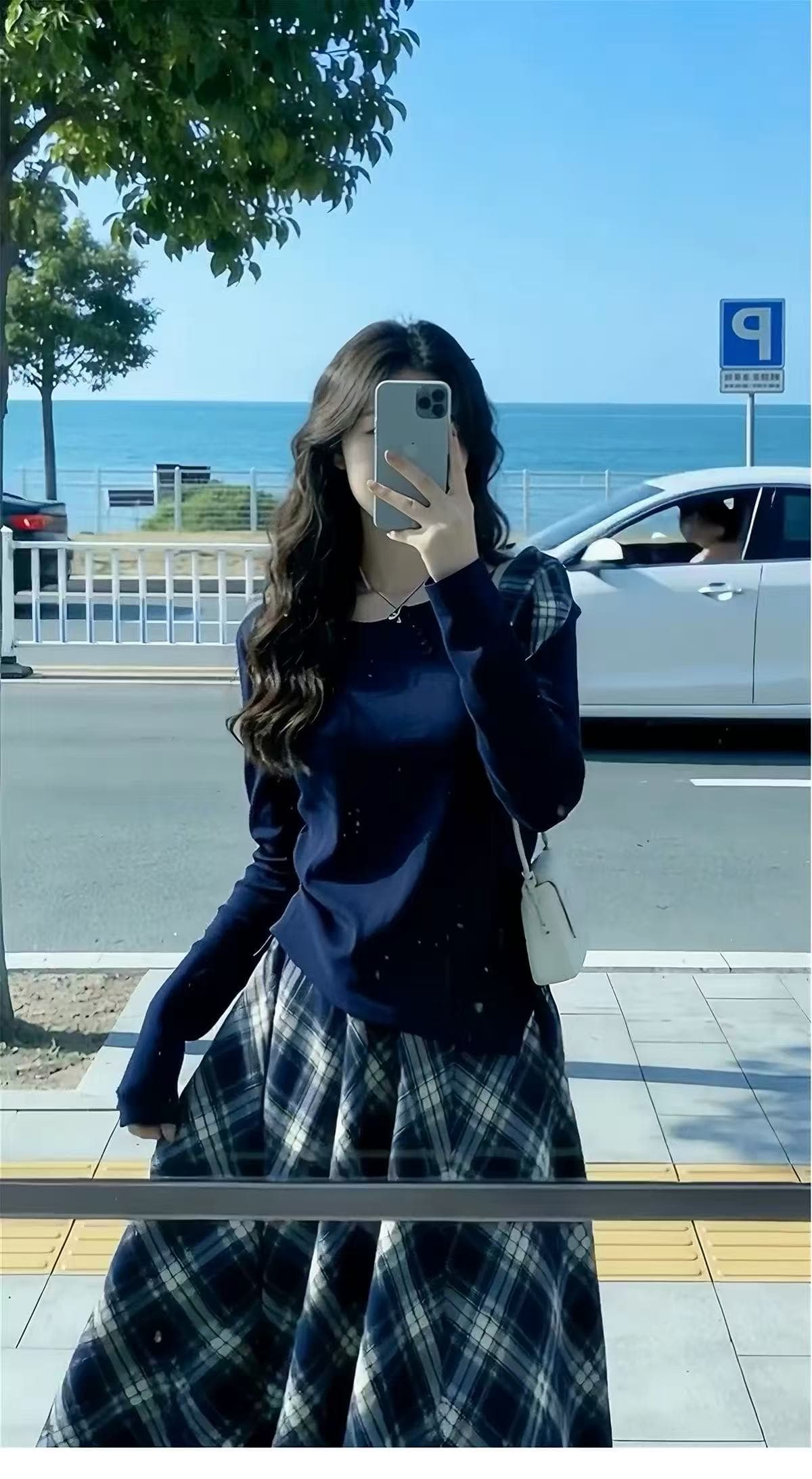 한 부서 그레이트 통해보기 가져 가라. 전체 집합 가을 겨울 2026 새로운 파란색 긴팔 여성 드레스 체크무늬 롱 스커트 세트 이미지 4