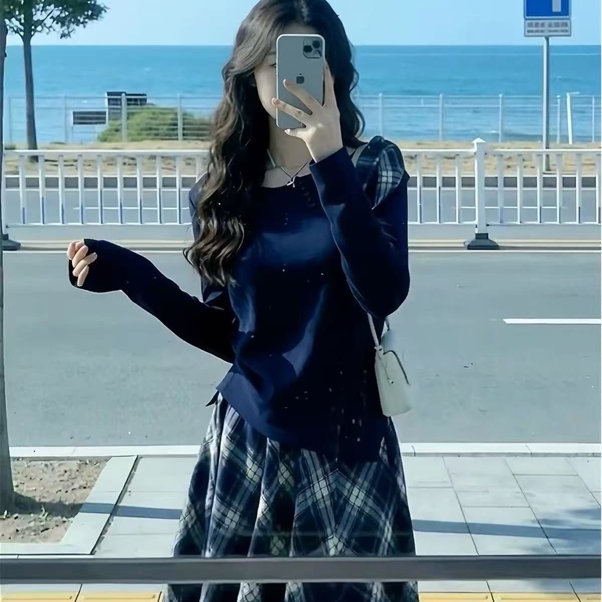 한 부서 그레이트 통해보기 가져 가라. 전체 집합 가을 겨울 2026 새로운 파란색 긴팔 여성 드레스 체크무늬 롱 스커트 세트 이미지 5