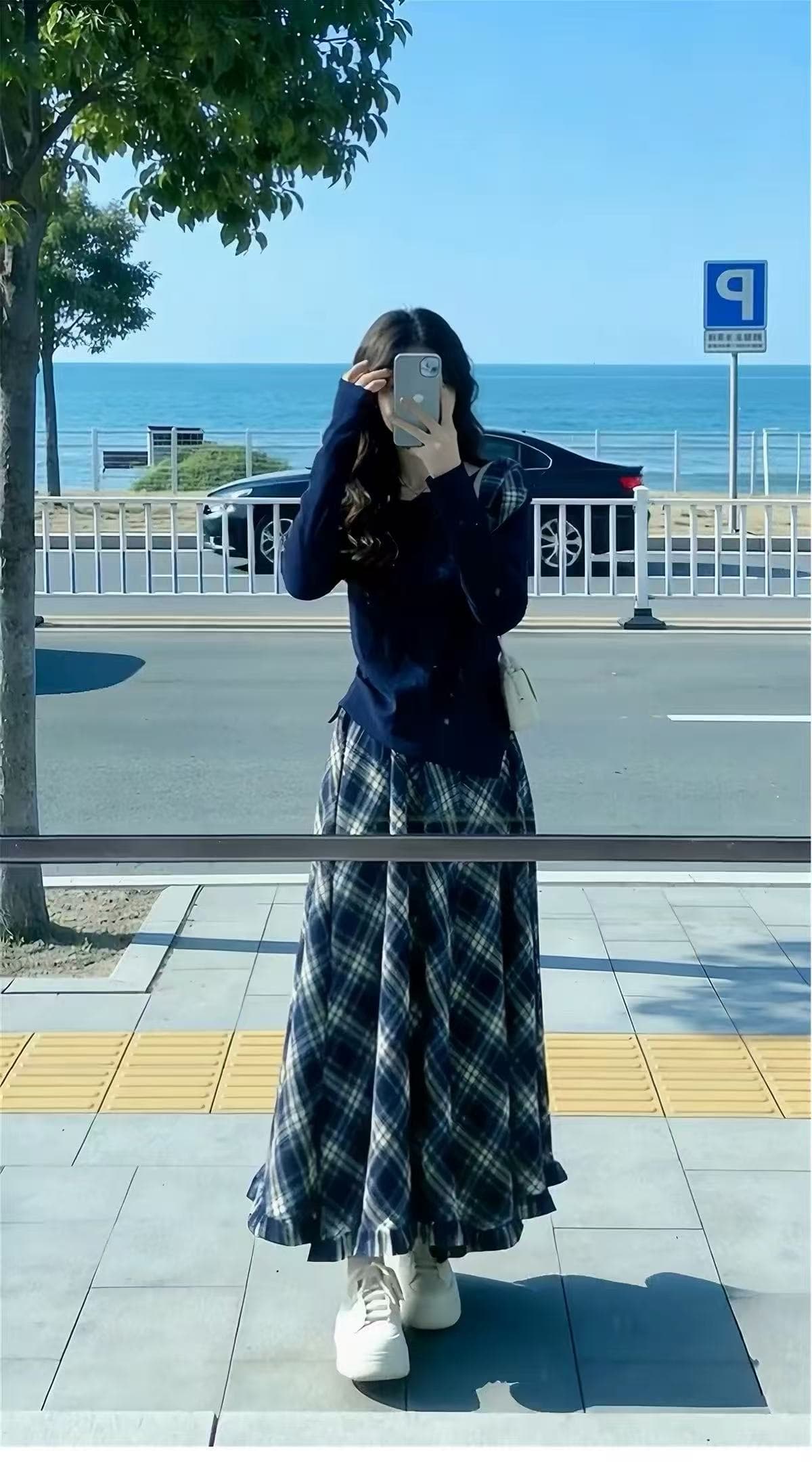한 부서 그레이트 통해보기 가져 가라. 전체 집합 가을 겨울 2026 새로운 파란색 긴팔 여성 드레스 체크무늬 롱 스커트 세트 상세 이미지 4