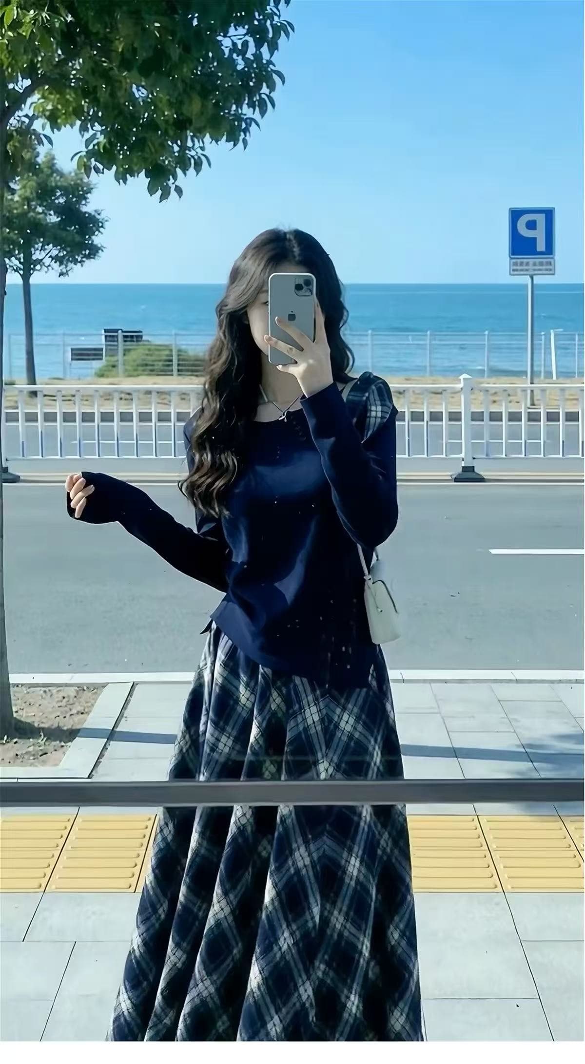 한 부서 그레이트 통해보기 가져 가라. 전체 집합 가을 겨울 2026 새로운 파란색 긴팔 여성 드레스 체크무늬 롱 스커트 세트 상세 이미지 6