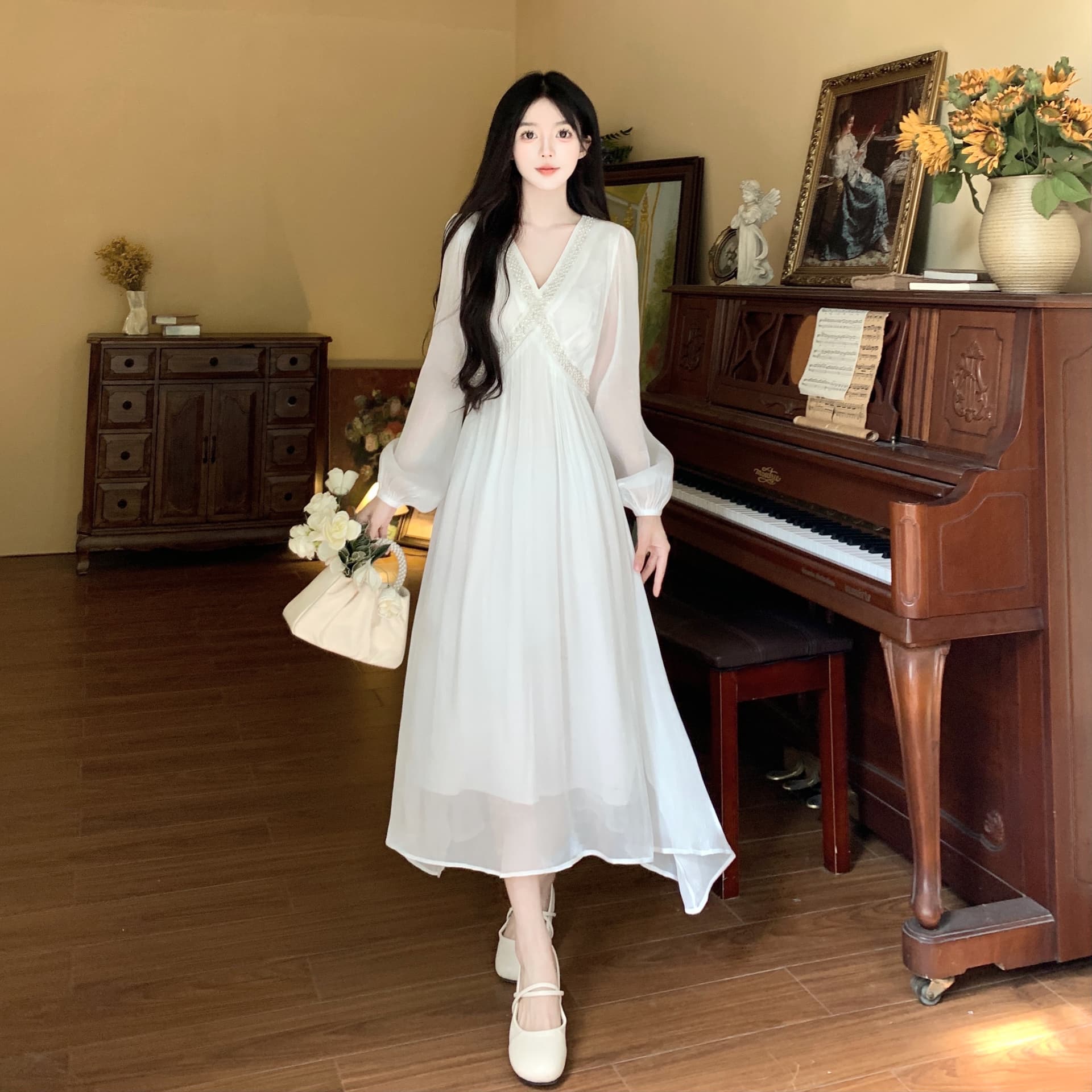 실사 프랑스식 부드러운 바람 긴팔 V넥 꽃무늬 드레스 가을 겨울철 새로운 고급 센스 품격 롱 스커트 이미지 2