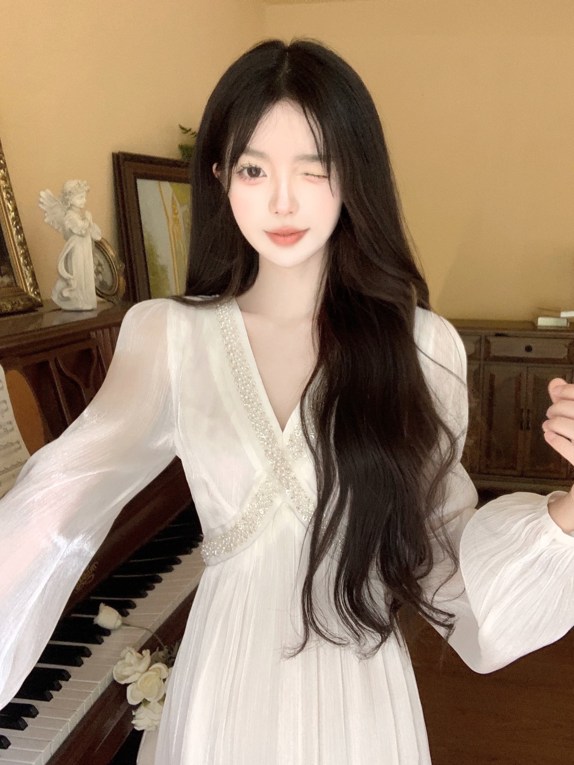 실사 프랑스식 부드러운 바람 긴팔 V넥 꽃무늬 드레스 가을 겨울철 새로운 고급 센스 품격 롱 스커트 상세 이미지 12