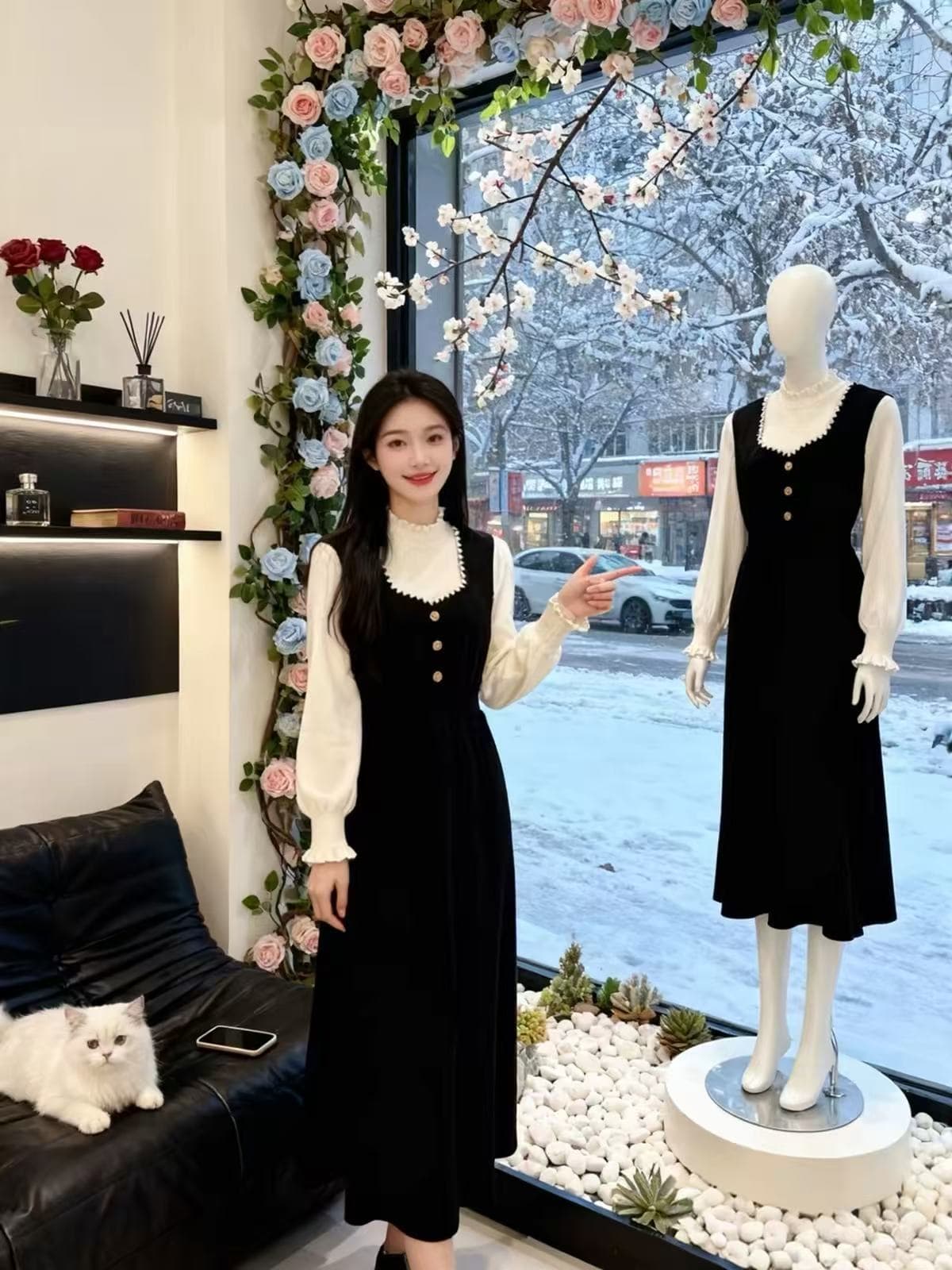 프랑스식 그는 벤 작은 샤넬 스타일 페이크 레이어드 패치워크 허리 수축 품격 롱 스커트 만나는 검정색 니트 여성 드레스 가을 겨울 상세 이미지 2