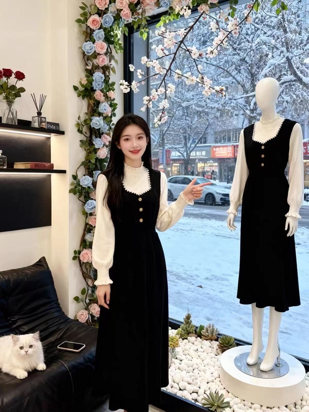 프랑스식 그는 벤 작은 샤넬 스타일 페이크 레이어드 패치워크 허리 수축 품격 롱 스커트 만나는 검정색 니트 여성 드레스 가을 겨울 상세 이미지 4