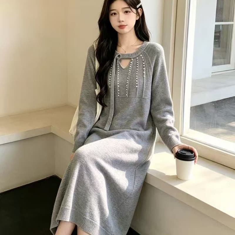 2026 가을 겨울 새로운 빅 사이즈 드레스 작은 샤넬 스타일 진주 스웨터 드레스 고급 센스 착용 가져 가라. 이미지 5