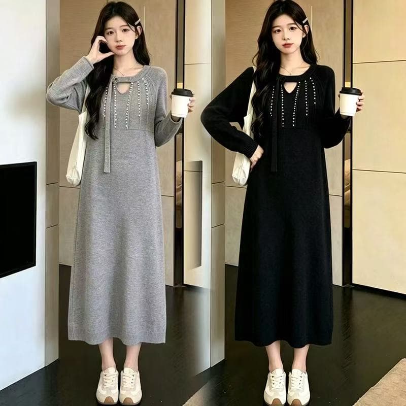2026 가을 겨울 새로운 빅 사이즈 드레스 작은 샤넬 스타일 진주 스웨터 드레스 고급 센스 착용 가져 가라. 상세 이미지 2