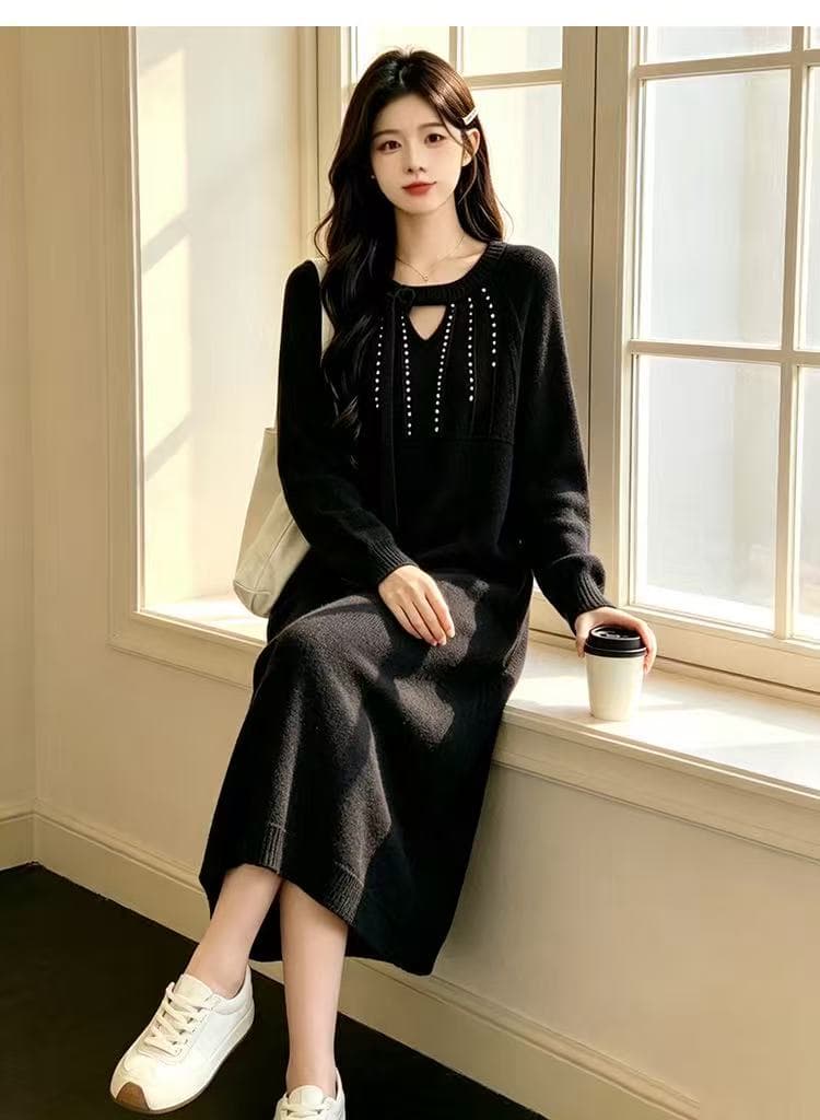 2026 가을 겨울 새로운 빅 사이즈 드레스 작은 샤넬 스타일 진주 스웨터 드레스 고급 센스 착용 가져 가라. 상세 이미지 4