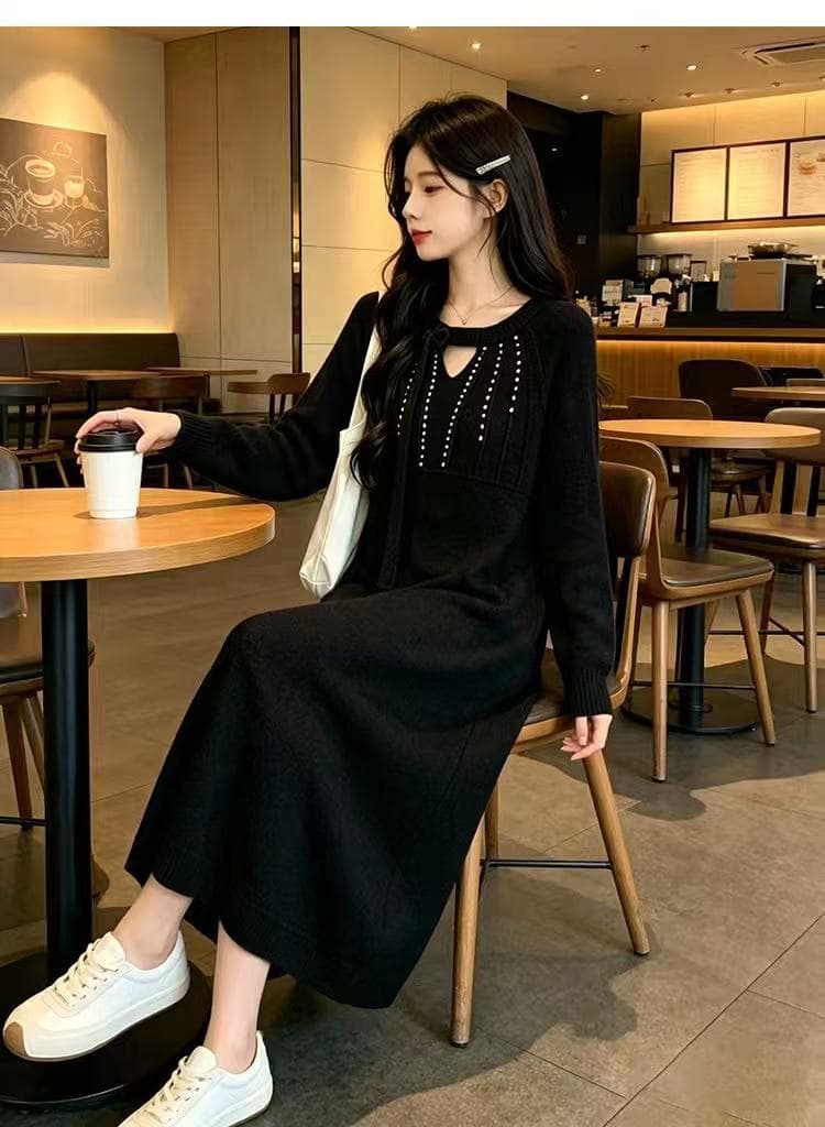 2026 가을 겨울 새로운 빅 사이즈 드레스 작은 샤넬 스타일 진주 스웨터 드레스 고급 센스 착용 가져 가라. 상세 이미지 8