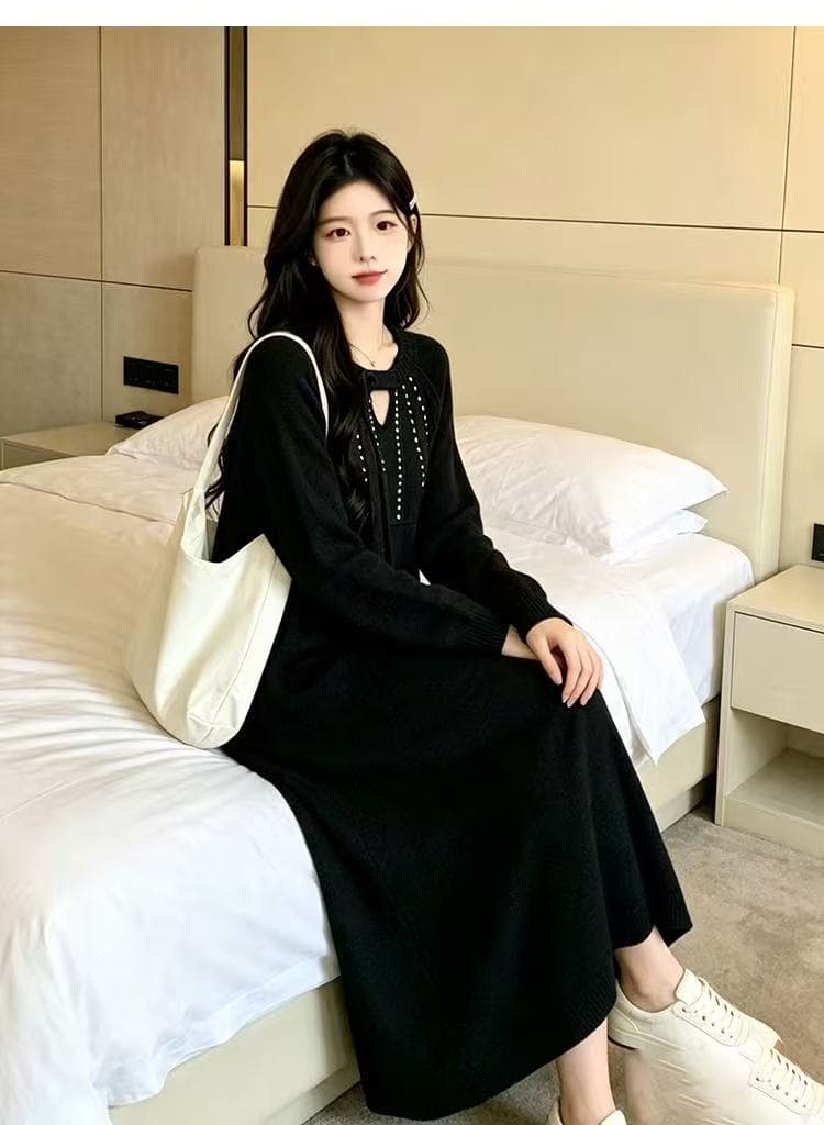 2026 가을 겨울 새로운 빅 사이즈 드레스 작은 샤넬 스타일 진주 스웨터 드레스 고급 센스 착용 가져 가라. 상세 이미지 9