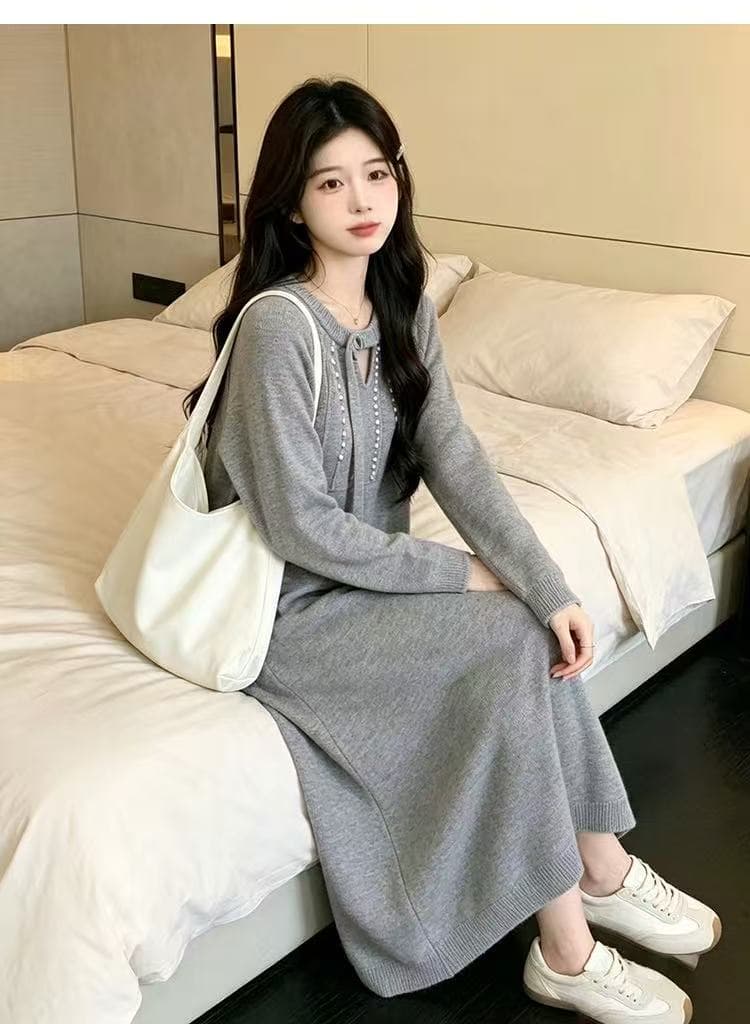 2026 가을 겨울 새로운 빅 사이즈 드레스 작은 샤넬 스타일 진주 스웨터 드레스 고급 센스 착용 가져 가라. 상세 이미지 14