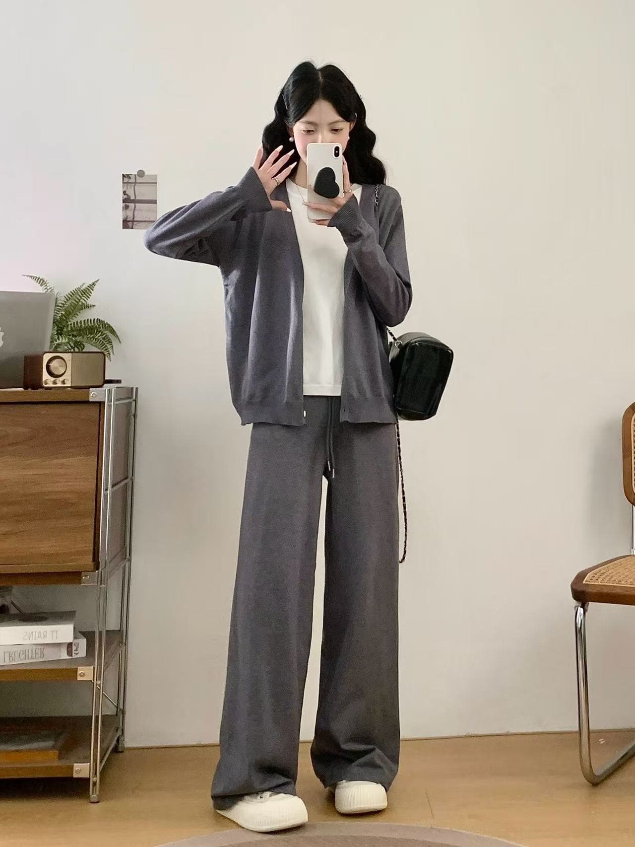 실사 높은 품질 에디션 캐주얼 세트 V넥 페이크 레이어드 긴팔 스웨터 여자 2026 가을 하이웨이스트 와이드 레그 팬츠 투피스 세트 상세 이미지 9