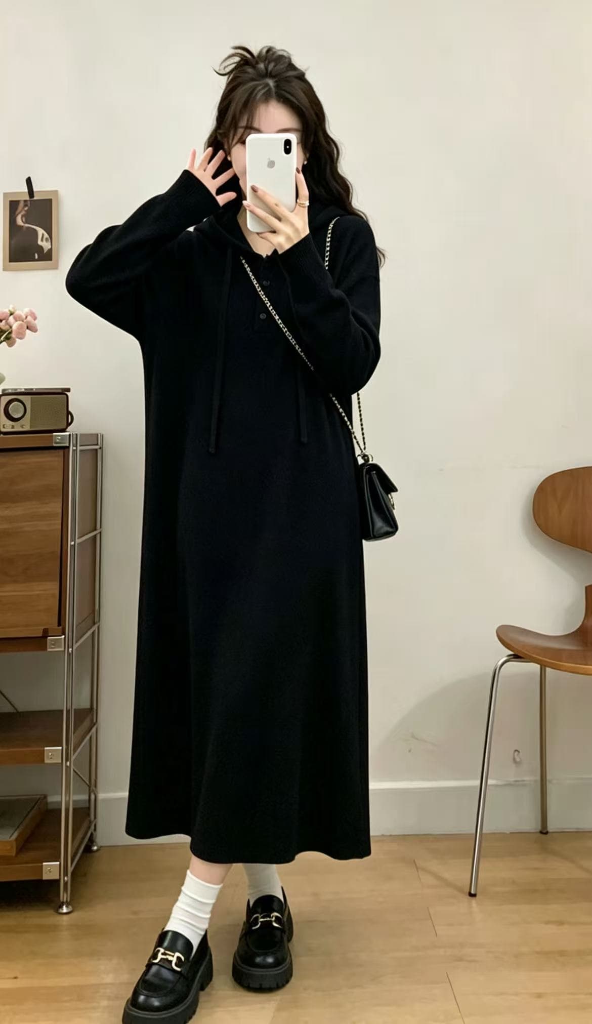 프랑스식 느긋한 바람 레트로 후드 니트 여성 드레스 가을 겨울 패션 루즈핏 품격 캐주얼 스트라이프 스웨터 드레스 상세 이미지 8