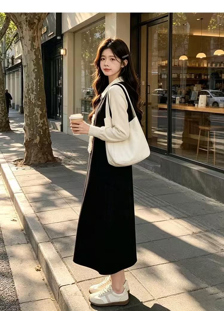 빅 사이즈 작은 곰 니트 여성 드레스 2026 새로운 가을 겨울 검정색 롱 스커트 페이크 레이어드 스웨터 드레스 이미지 3