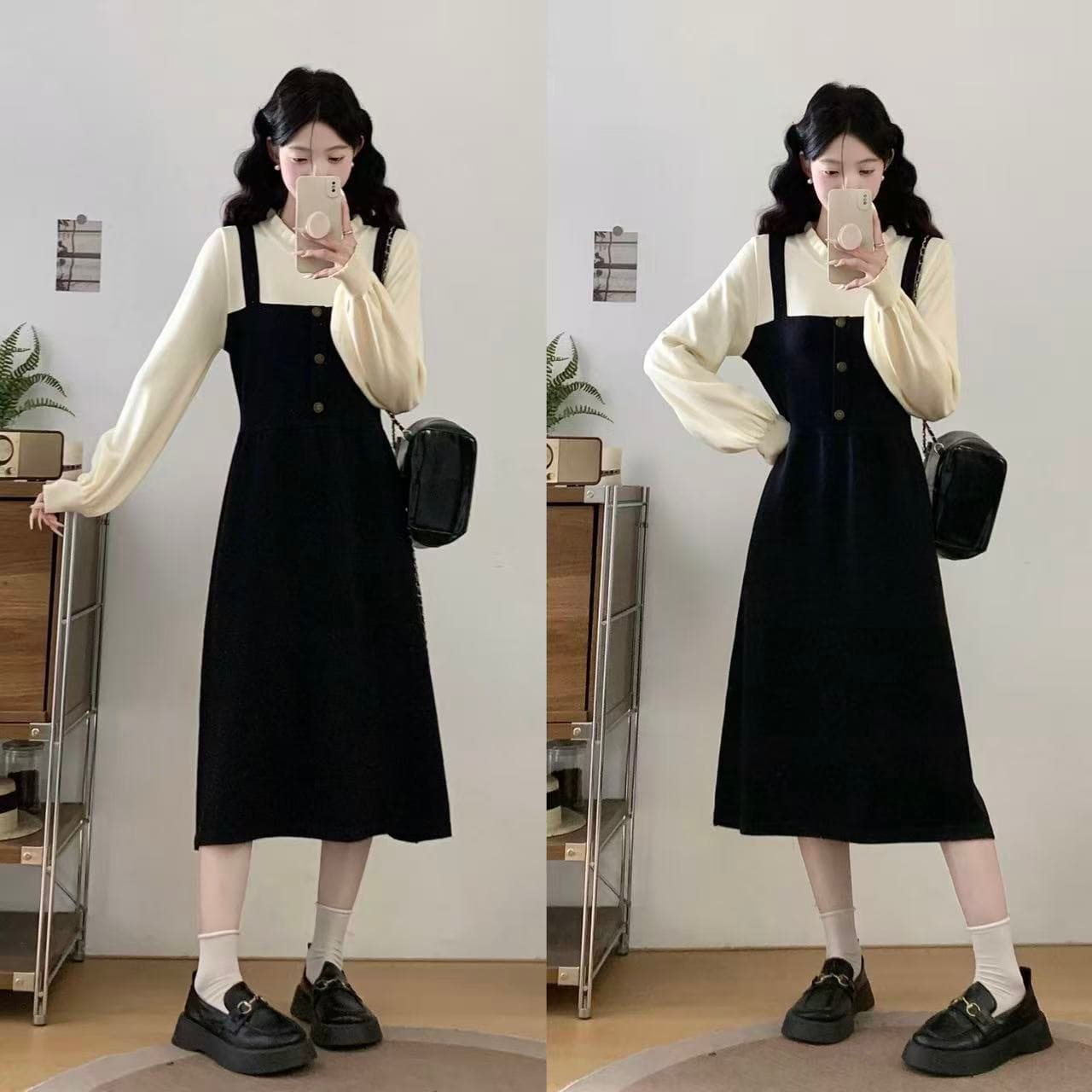 프랑스식 그는 벤 작은 샤넬 스타일 페이크 레이어드 패치워크 허리 수축 품격 롱 스커트 만나는 검정색 니트 여성 드레스 가을 겨울 이미지 2
