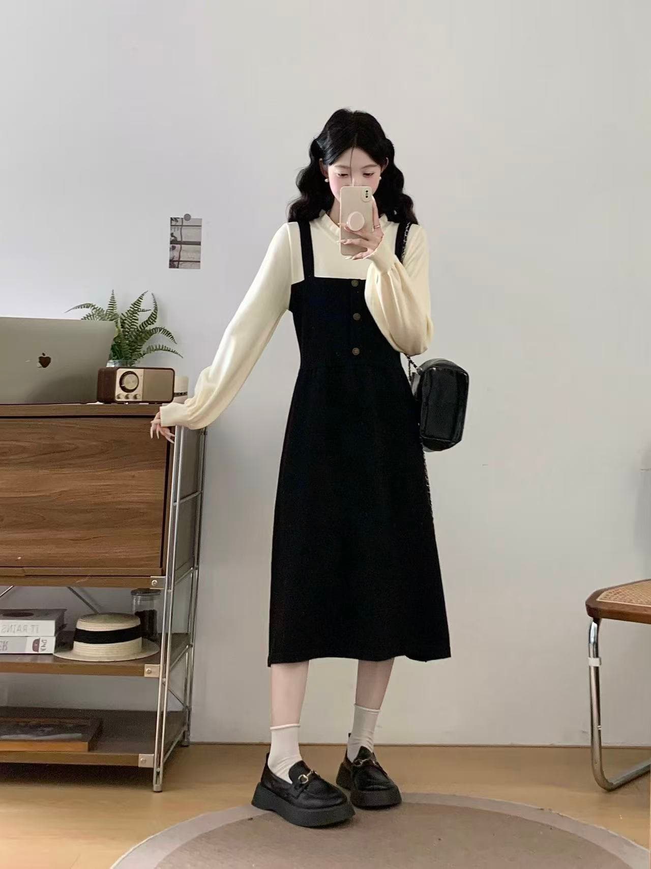 프랑스식 그는 벤 작은 샤넬 스타일 페이크 레이어드 패치워크 허리 수축 품격 롱 스커트 만나는 검정색 니트 여성 드레스 가을 겨울 상세 이미지 4