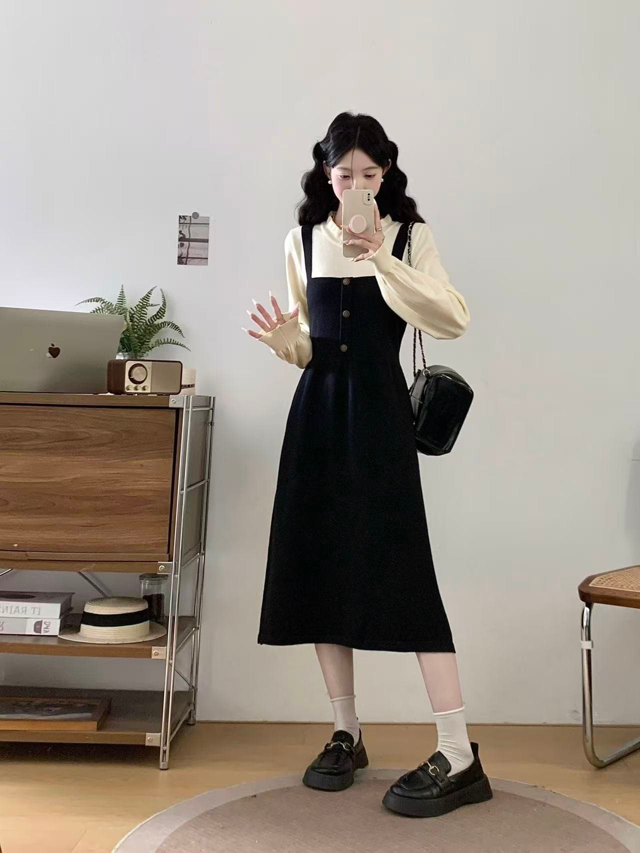 프랑스식 그는 벤 작은 샤넬 스타일 페이크 레이어드 패치워크 허리 수축 품격 롱 스커트 만나는 검정색 니트 여성 드레스 가을 겨울 상세 이미지 5