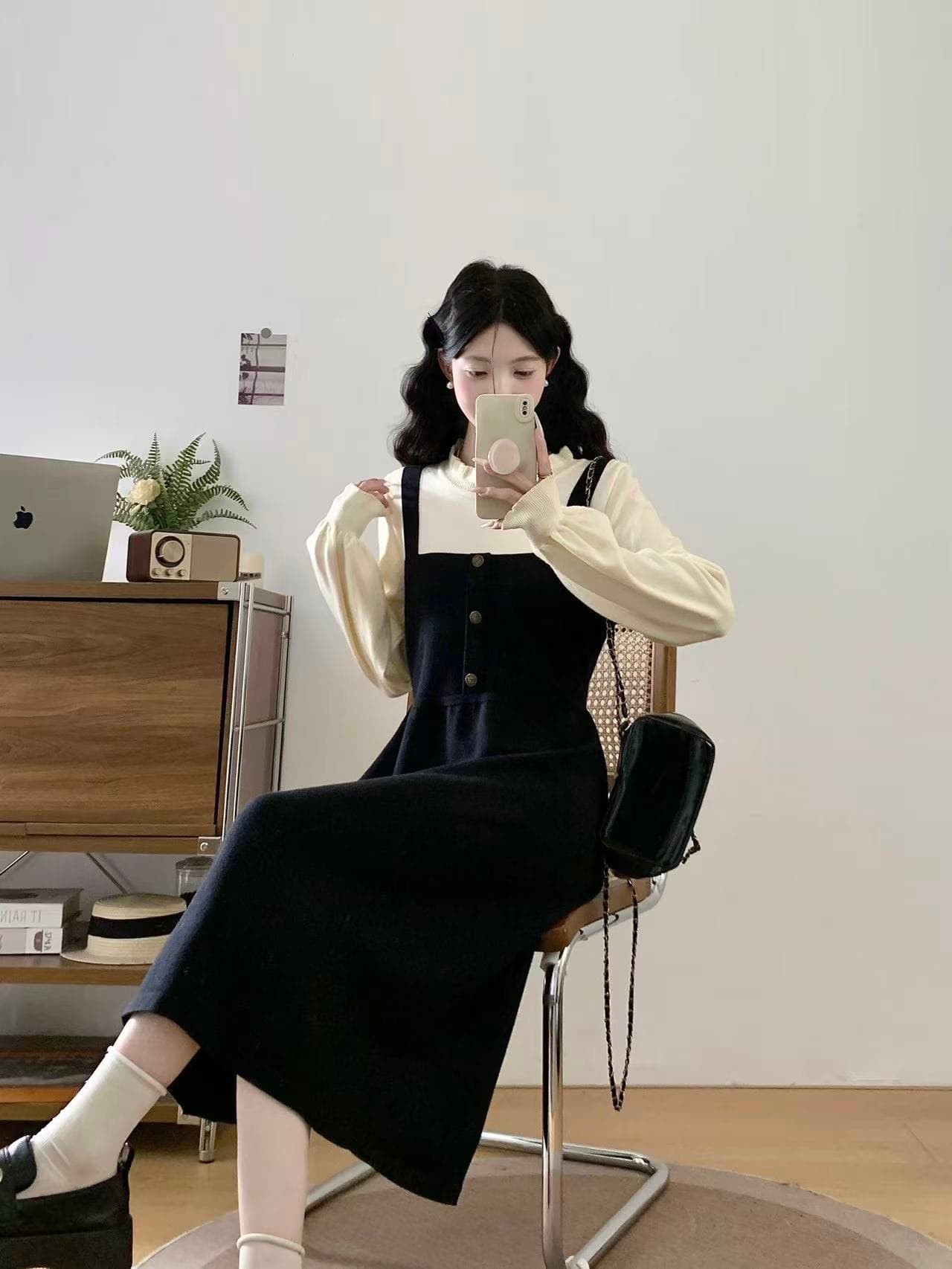 프랑스식 그는 벤 작은 샤넬 스타일 페이크 레이어드 패치워크 허리 수축 품격 롱 스커트 만나는 검정색 니트 여성 드레스 가을 겨울 상세 이미지 12