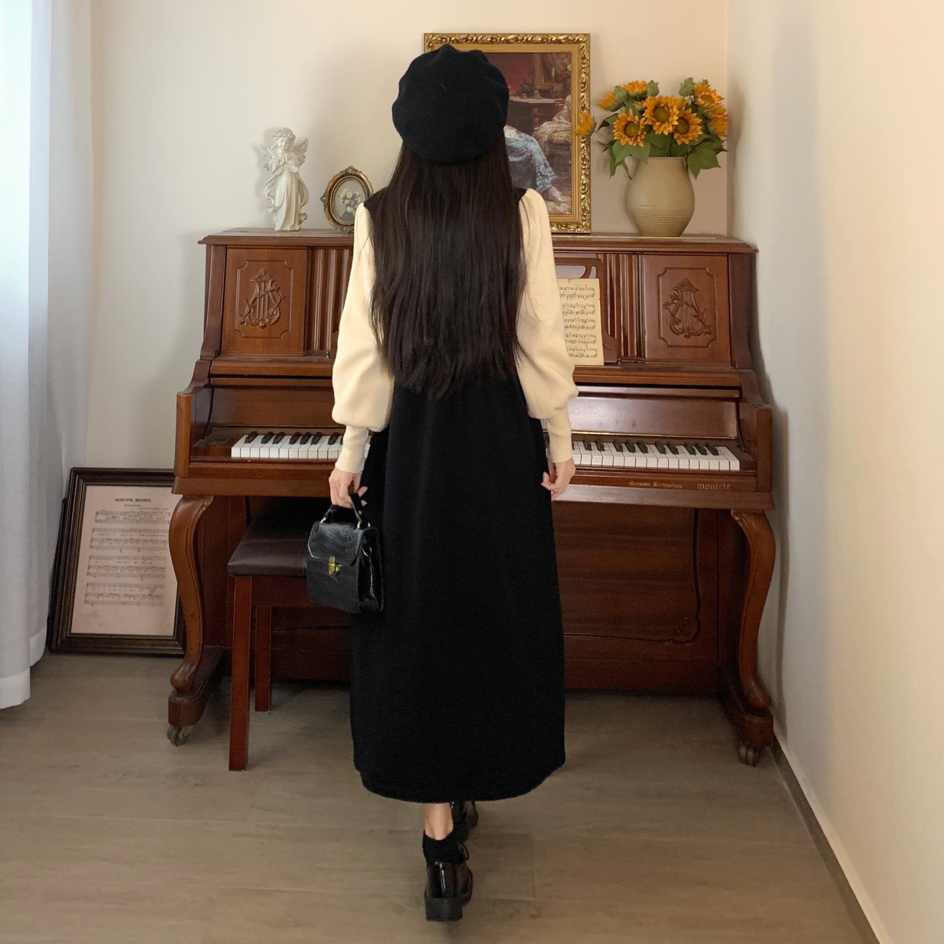 실사 페이크 레이어드 스웨터 니트 여성 드레스 2026 새로운 가을 겨울철 나비 매듭 반하이넥 길다 치마 상세 이미지 12